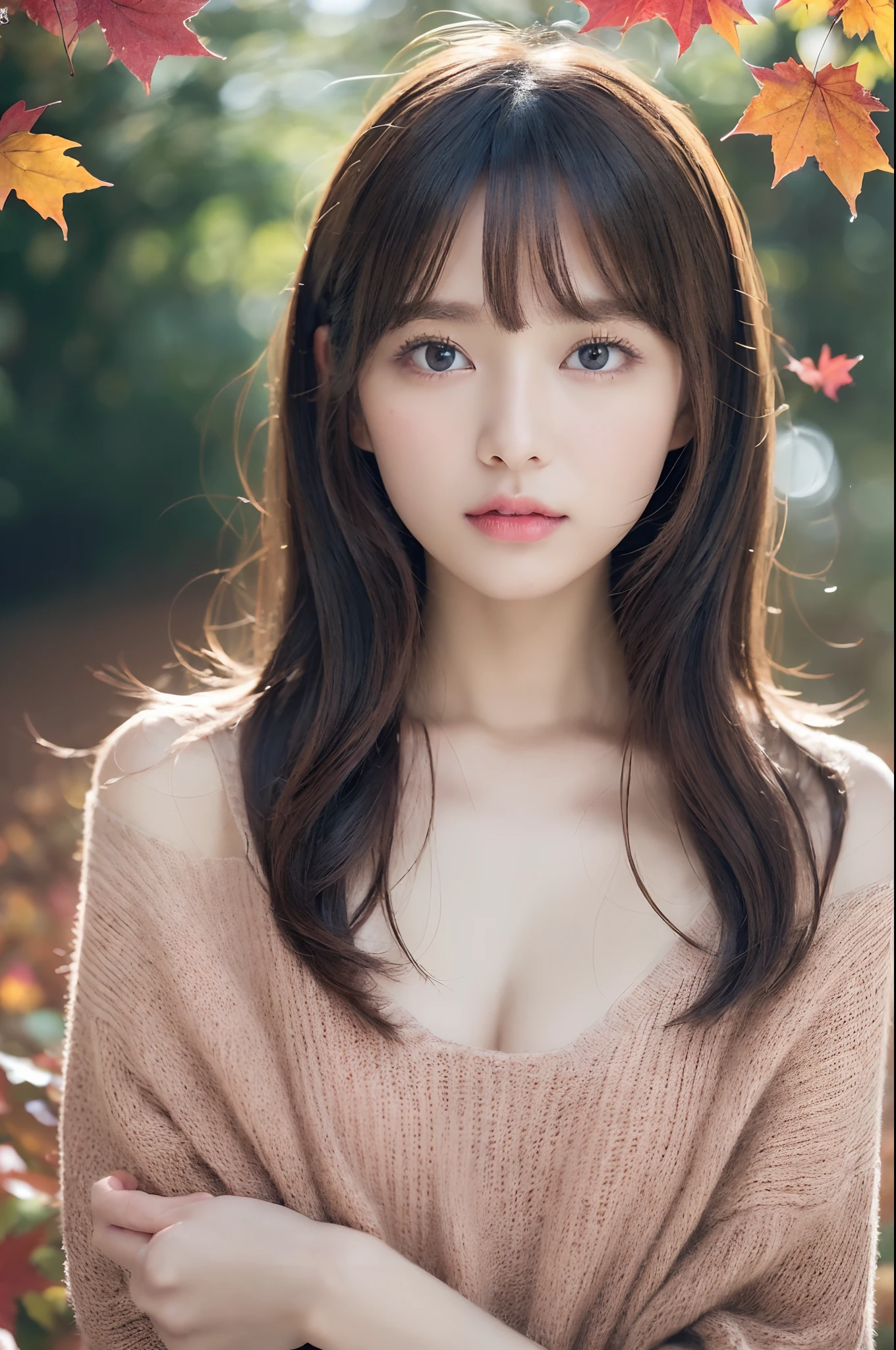((in 8K, Raw photography, Highest Quality,realisitic, Photorealsitic:1.3)),((,Extremely delicate and beautiful,Highly detailed, finely detail,ultra-detailliert, High resolution:1.3))、japanes, femele, (17 age), Viewer's Perspective, Beautiful and shiny straight bob hair, see-through bangs, Embarrassed look, ((Half-open lips))、Draw poses and angles randomly, (Beautiful fece:1.2), (kawaii:1.3) Autumn leaves in the background optic (Three-dimensional feeling) Autumn foliage Autumn light. Oversized knit sweater in red wine color beautiful decollete ((kawaii:1.3)) Autumn afternoon light ((Carefully reproducing and depicting detailed and high-quality eyes))