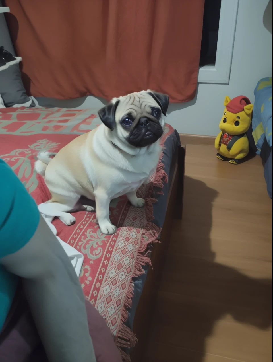 There's a small dog sitting on a bed with a red blanket, Pug, Cara de Pug, muy, muy realista, Bumblebee Pug, Sentado en una cama, sentada en su cama, Pug malvado, muy realista, Carga de alta calidad, Sentado en la cama, Un tipo masculino afgano, muy, muy muy hermoso!!, muy, muy muy muy hermoso!!