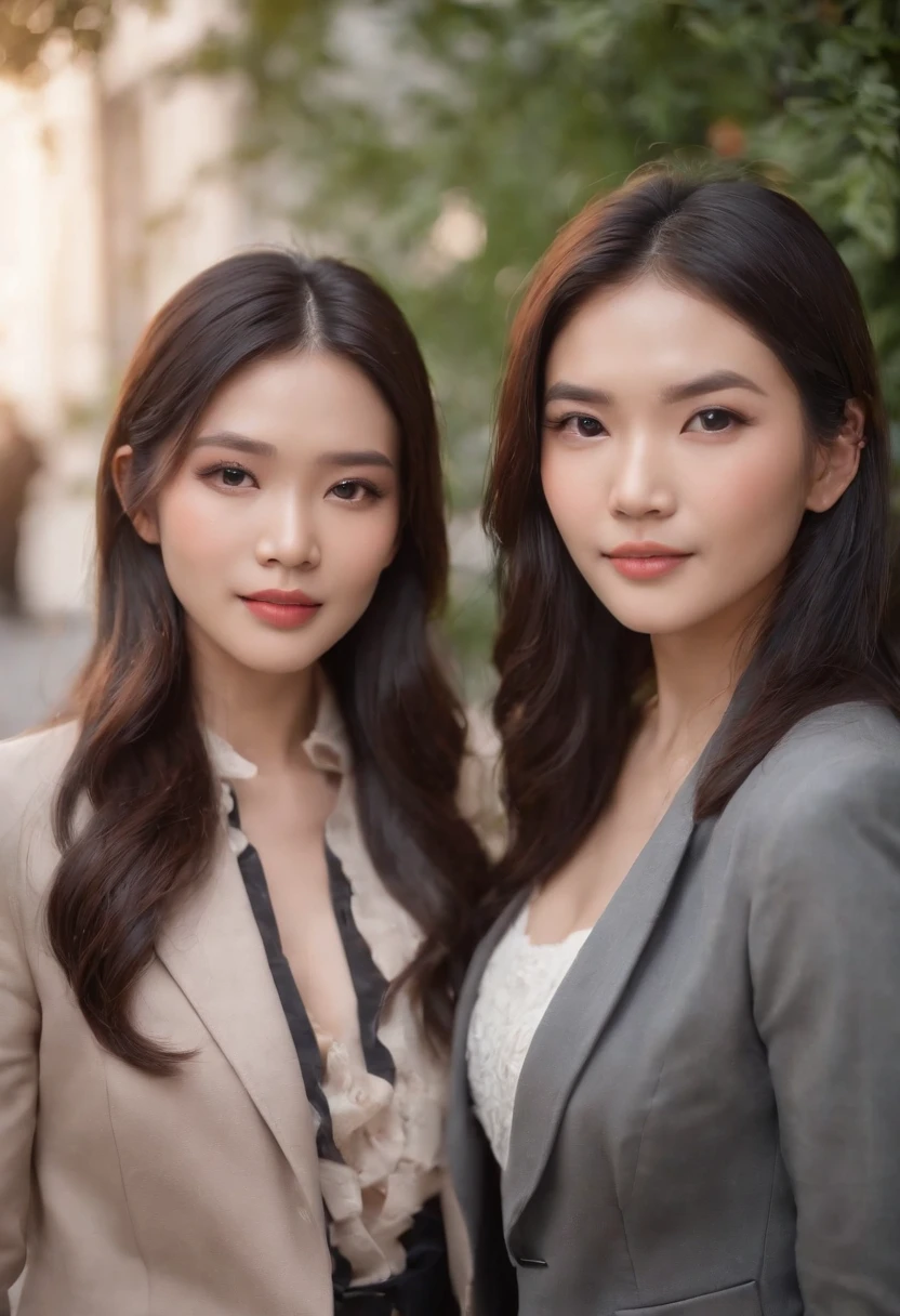 A lesbian couple of beautiful Asian women with beautiful appearances and well dressed in cute suits like big businesswomen., Long black hair, 30 years, Josh the waist of another American woman., 26 years old, light brown, Long and long haircuts, Dress in stylish casual outfits., Jacket in a romantic mood. perfect face, Perfect Eyes, realistic photo, 10, cinematic scene, Two Beautiful Romantic Girls, emotion,