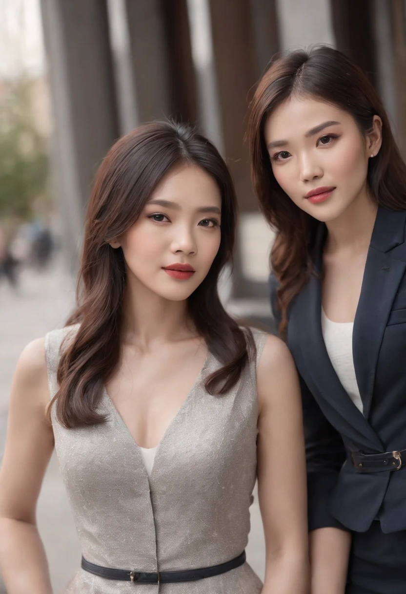 A lesbian couple of beautiful Asian women with beautiful appearances and well dressed in cute suits like big businesswomen., Long black hair, 30 years, Josh the waist of another American woman., 26 years old, light brown, Long and long haircuts, Dress in stylish casual outfits., Jacket in a romantic mood. perfect face, Perfect Eyes, realistic photo, 10, cinematic scene, Two Beautiful Romantic Girls, emotion,