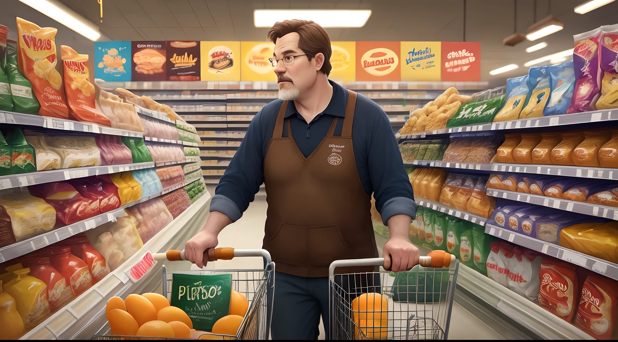 Disney Pixar movie poster with title “Buffalo Grocery,” adult man at grocery store with stick gun