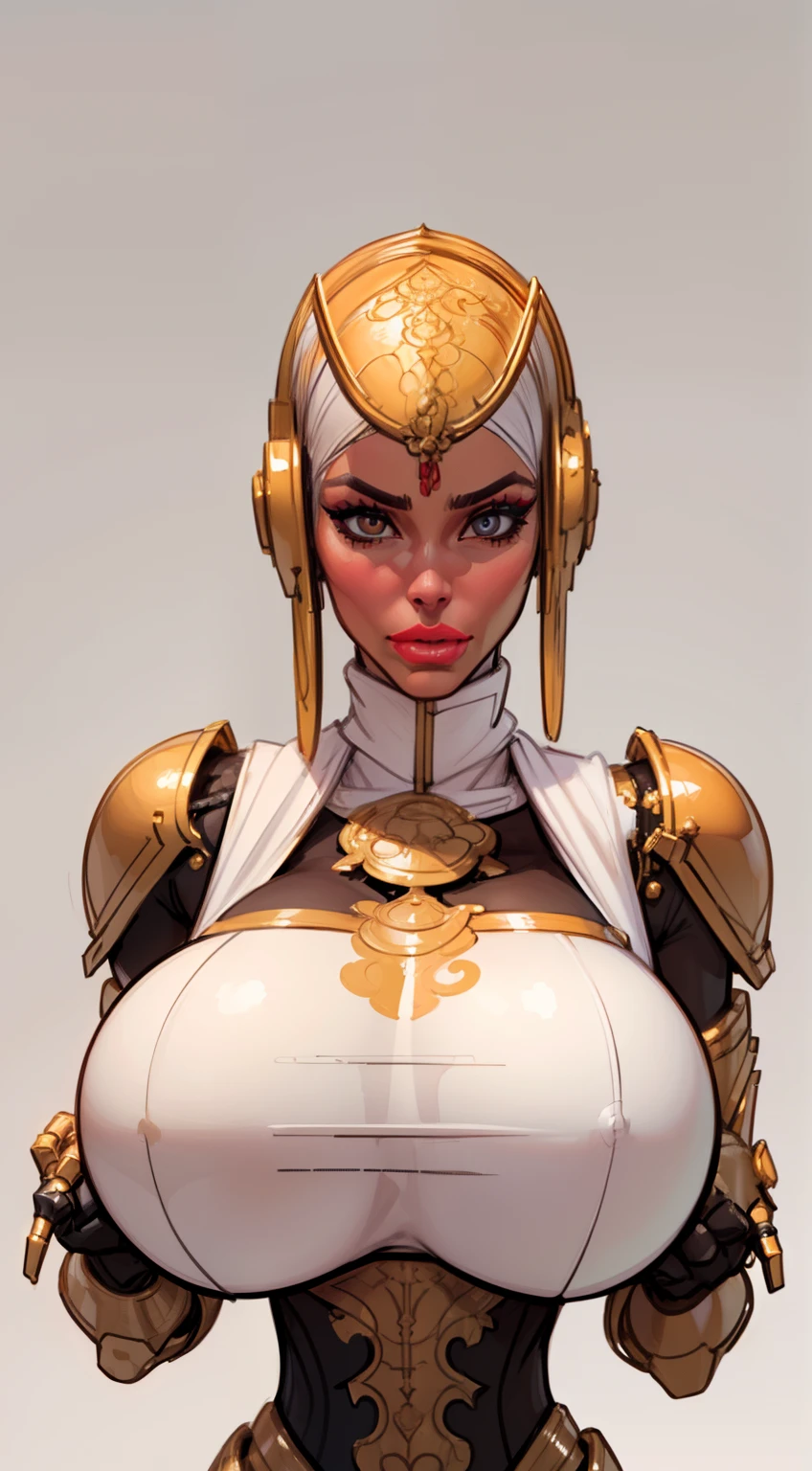 ((masterpiece)),(((best quality))),((character design sheet)), ((full body view)) ((cyberpunk empress)) mature face, ((middle eastern eyes:1.4)), ((cybernetic gown)), (((intricate futuristic breastplate))), defined cheekbones, high cheekbones, illustration, muscular, ((cyber gold:1.4)), sexy bimbo, (gigantic breasts:1.7) black hair, ((detailed face:1.4)) beautiful woman, (Chinese:1.4) (white skin:1.4) , (red lipstick:1.4), shiny skin, scribbles and marks,(puffy lips:1.4) , rough sketches, pose, 8k,16k, (simple background, white background: 1.3) ((warm color palette)), ((cyberpunk aesthetic))