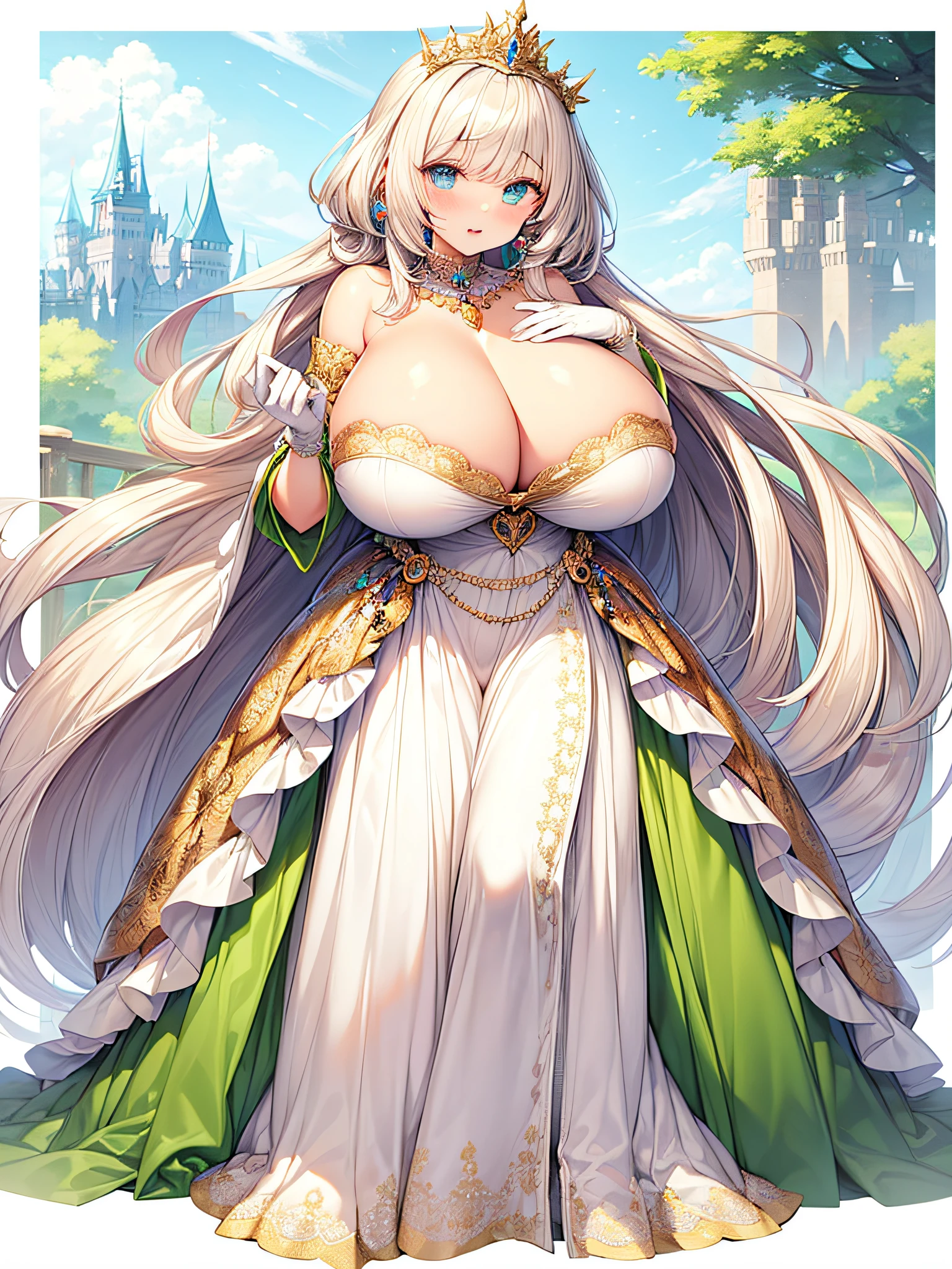 anime artstyle,Masterpiece,(Best Quality), (Super Detail),(Very Delicate and Beautiful),(Solo),((full body portrait)),full body,full body portrait,(detailed face and eyes),jewel-like beautiful eyes,((1 princess in a beautiful embroidery and jeweled gorgeous rococo princess ballgown with voluminous frilled full length hoop skirt)),((fantasy castle,outdoors,outside the castle)),((Crinoline)),super detailed gorgeous princess ballgown with frilled voluminous full length hoop skirt,jeweled Gorgeous rococo princess frilled ballgown,jeweled Gorgeous rococo princess ballgown,gorgeous rococo princess ballgown with beautiful embroidery and jeweled,((large amount of straight hair,extremely voluminous Very Long straight Hair,Absolutely Long Straight Hair)),((gigantic boobs)),cleavage,long_gloves,extremely gorgeousfull hair ornament,bling-bling extremely gorgeousfull jeweled tiara,((luxurious jewelry)),full body portrait