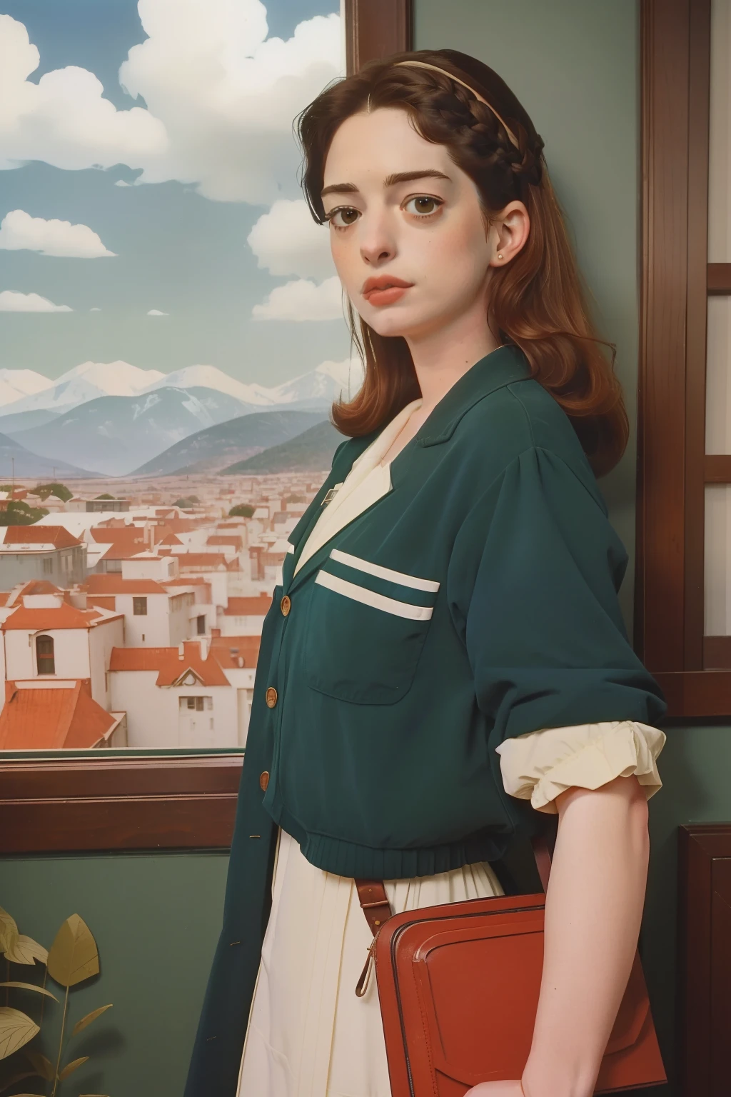 1995, massachusetts mountain village. Pre-raphaelite ((((40-year-old)) Anne Hathaway)), doctor, going to work, ((((casual Clothing from the 1990s)))) ((Hairstyle of the 1990s)), ((Wes Anderson cinematic style)), colorful