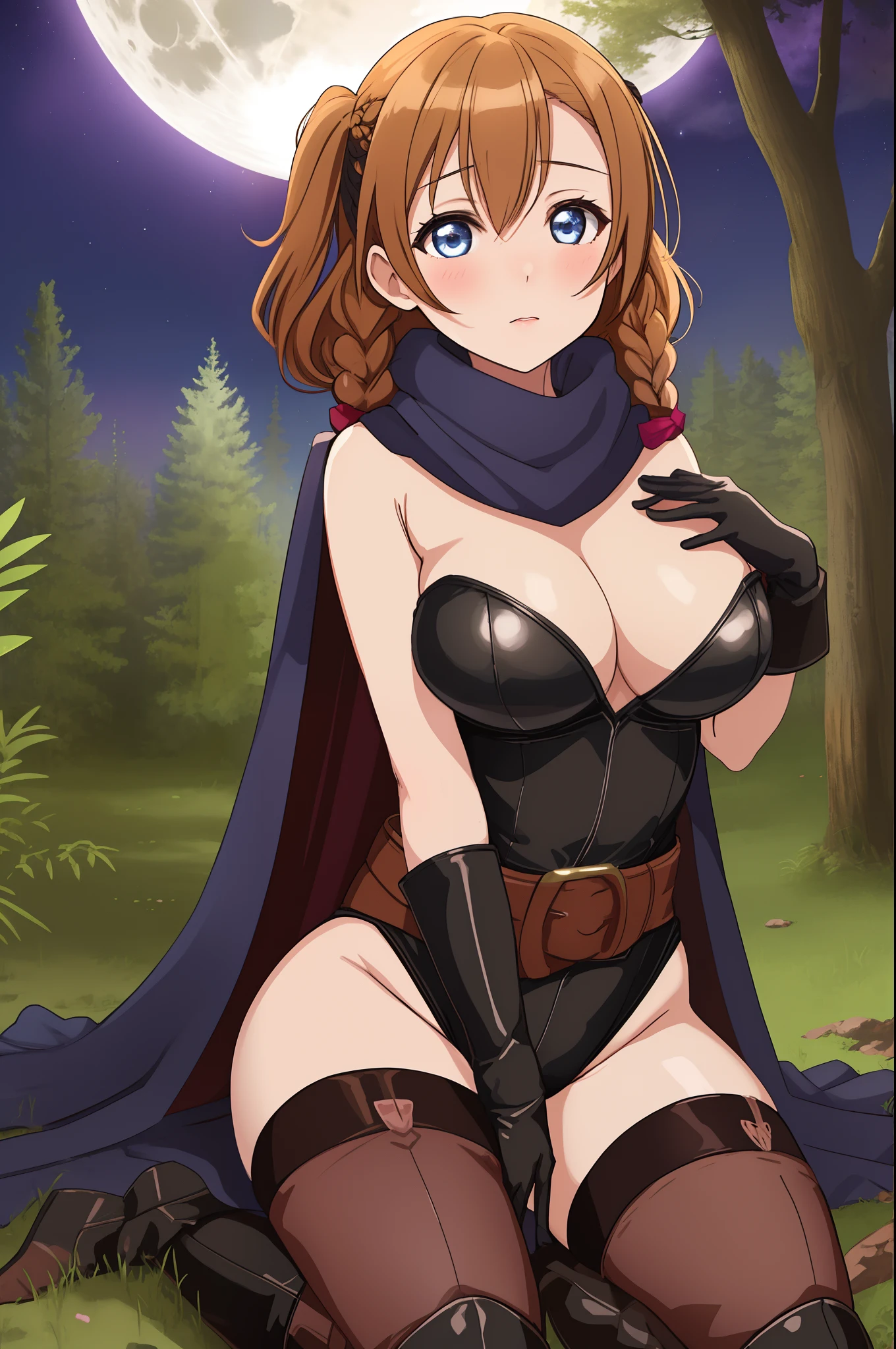 Kousaka honoka, huge breasts, long Braids ,(strapless leotard:1.2), thighhighs boots ,long magical scarf, gloves, night,full moon, forest,cape, sitting on ground, open legs,belt, (serious expression:0.8)