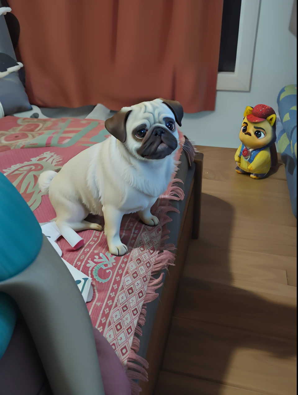 Perro Pug sentado en la cama estilo pixar