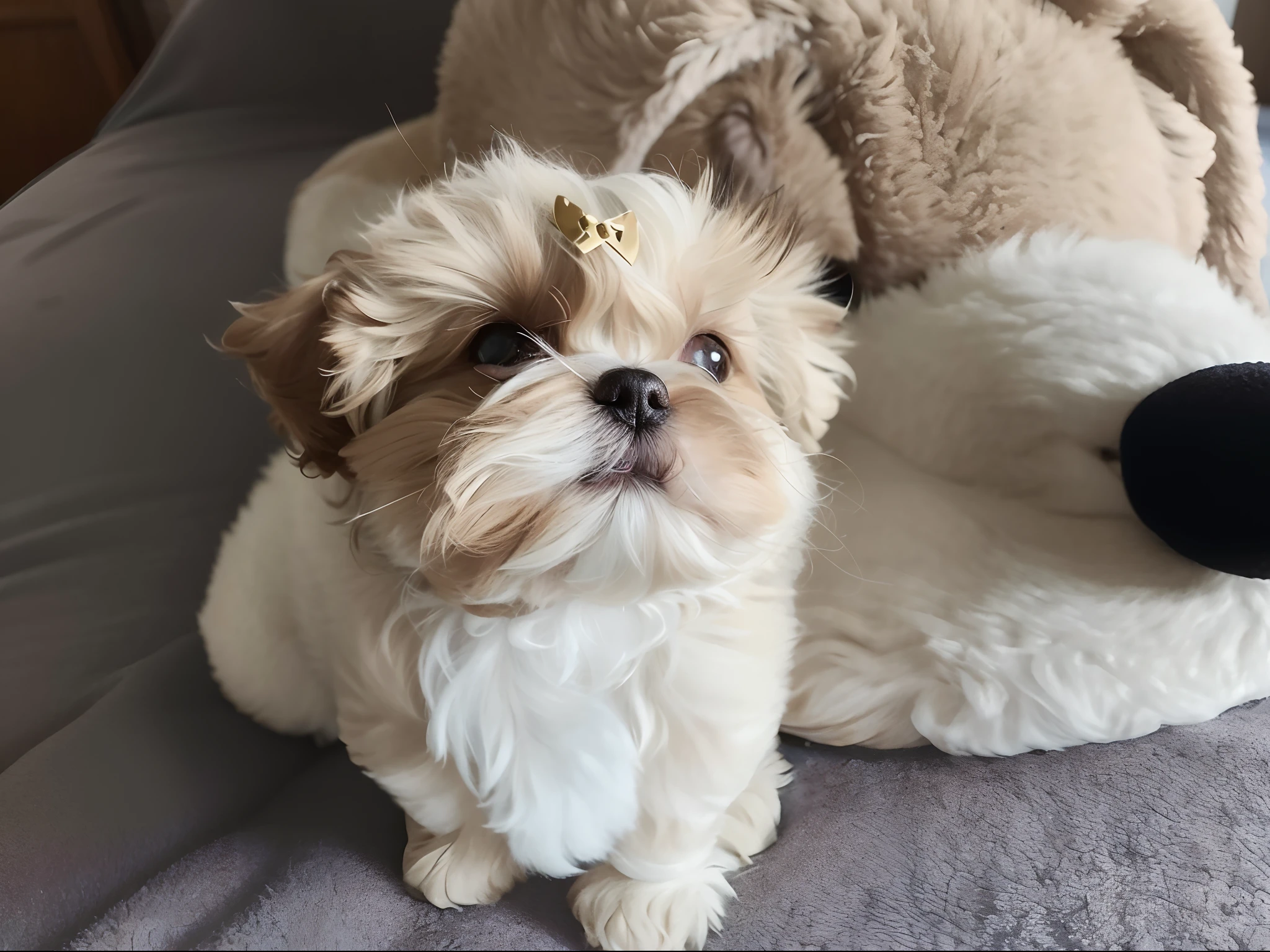 A female Shitzu puppy, cor caramelo, olhando para o lado, with teddy bear background