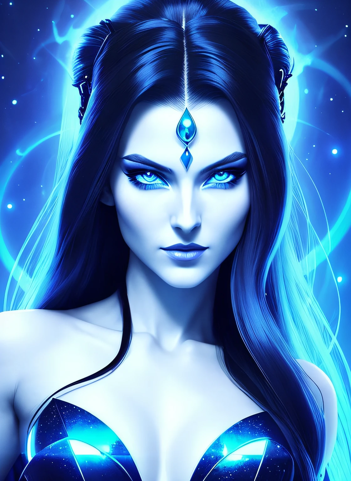 Powerful super villainess posing for a close up, goddess in silky dress (bare shoulders), long flowing hair, facing viewer, looking at viewer, highly detailed face, perfect hands, loves being evil, mesmerizing blue eyes, real, symmetrical, high detail, best quality, astral body, chaos atmosphere, 1female, bioluminescent magic elements, clothes, 8k