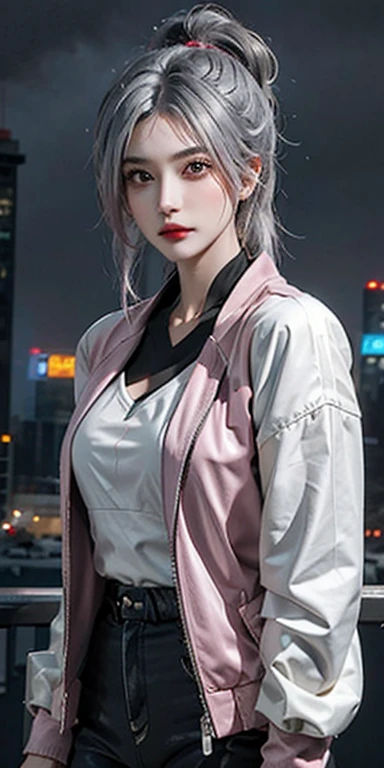 lucy \(cyberpunk\), 1girl, hair scrunchie, hime cut, silver hair, colored tips, full moon, grey eyes, jacket, long sleeves, looking at viewer, medium hair, multicolored hair, parted bangs, parted lips, pink hair, portrait, red eyeliner, red lips, solo, white jacket, cyberpunk \(series\), rainy night in a cyberpunk city with glowing neon lights