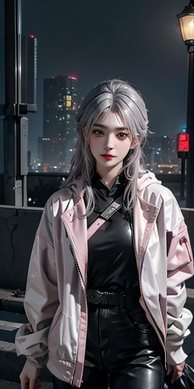lucy \(cyberpunk\), 1girl, hair scrunchie, hime cut, silver hair, colored tips, full moon, grey eyes, jacket, long sleeves, looking at viewer, medium hair, multicolored hair, parted bangs, parted lips, pink hair, portrait, red eyeliner, red lips, solo, white jacket, cyberpunk \(series\), rainy night in a cyberpunk city with glowing neon lights