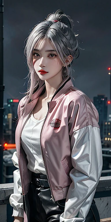 lucy \(cyberpunk\), 1girl,  hair scrunchie, hime cut, silver hair, colored tips, full moon, grey eyes, jacket, long sleeves, looking at viewer, medium hair, multicolored hair, parted bangs, parted lips, pink hair, portrait, red eyeliner, red lips, solo, white jacket, cyberpunk \(series\), rainy night in a cyberpunk city with glowing neon lights