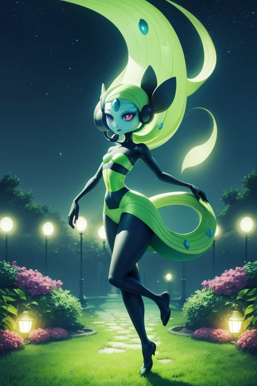 (pokemon), (Creature), (meloetta), (dancing), (garden at night), (mystical glowing)