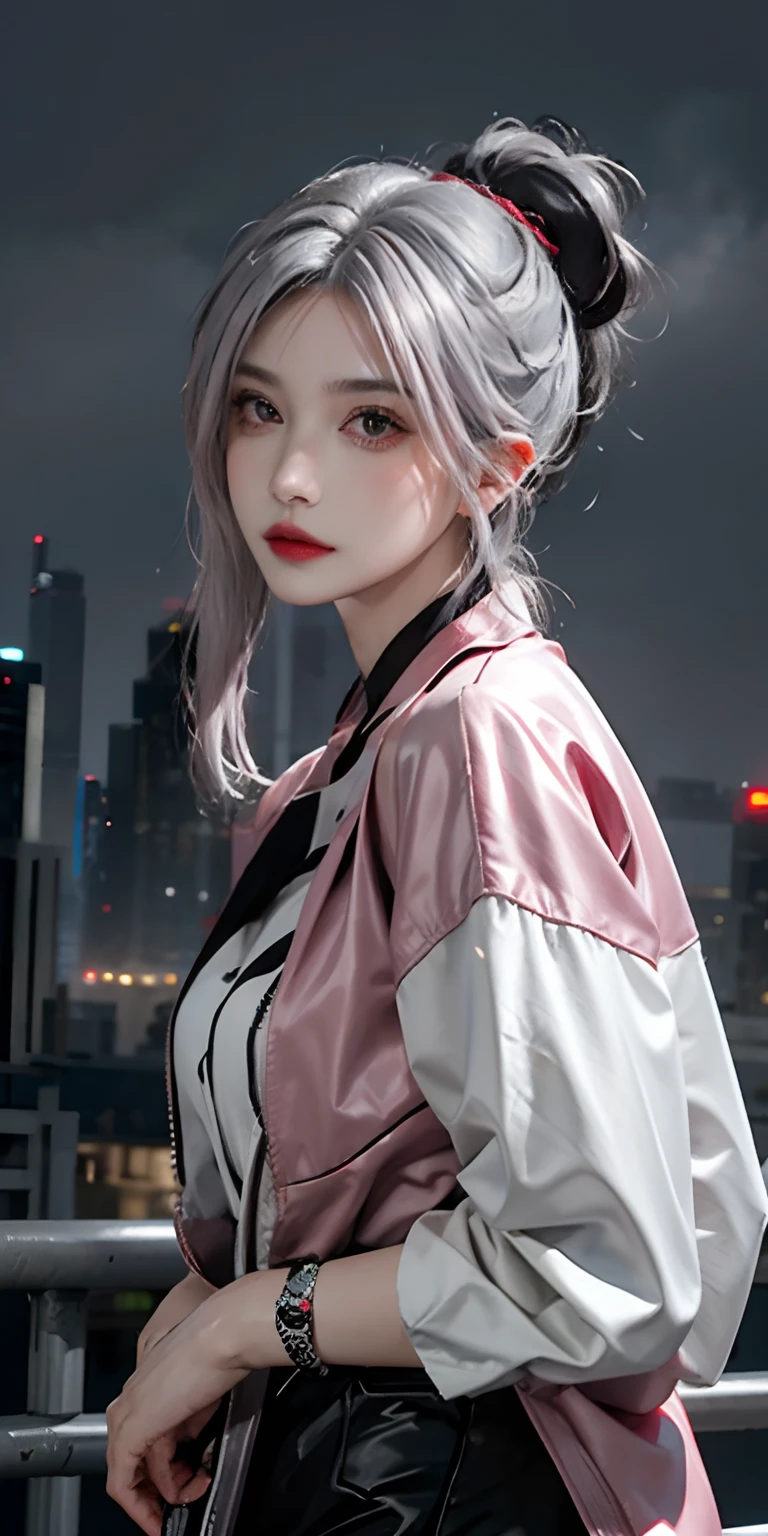 lucy \(cyberpunk\), 1girl, hair scrunchie, hime cut, silver hair, colored tips, full moon, grey eyes, jacket, long sleeves, looking at viewer, medium hair, multicolored hair, parted bangs, parted lips, pink hair, portrait, red eyeliner, red lips, solo, white jacket, cyberpunk \(series\), rainy night in a cyberpunk city with glowing neon lights