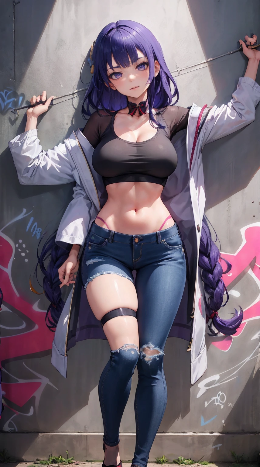 Shogun Raiden|genshin impact, master-piece, bestquality, 1girls,25 years old, proportional body, elongated legs, Beautiful, proportional., crop top, Long Jeans, mediuml breasts, ,bara, crop top, choker, (Graffiti:1.5), Splash with purple lightning pattern., arm behind back, against wall, View viewers from the front., Thigh strap, Head tilt, bored, sexy, pretty