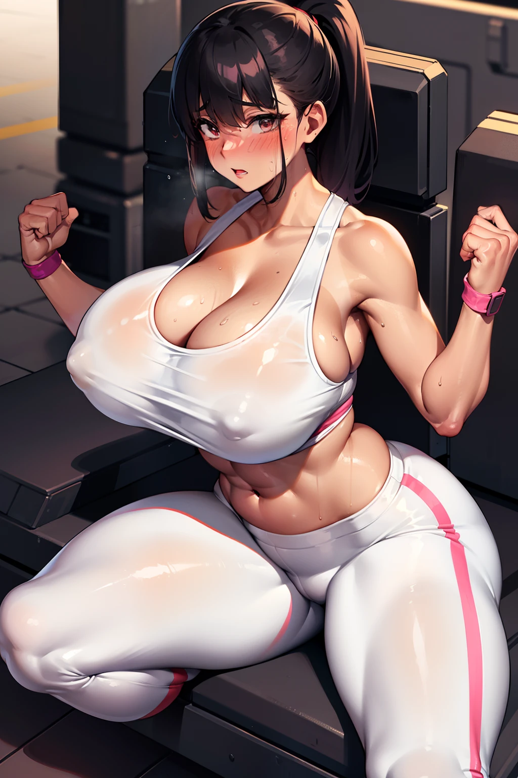 gym, workout, hot, sweating, sweaty, tan, big boobs, tan skin, flustered, blush, white clothes, sport bra, white yoga pants, black hair, sitting, spreaded legs, legs spreaded, spreading legs, cammeltoe, gym, sitting, ponytail, sitting on exersice machine, curvy, big hips, cleavage