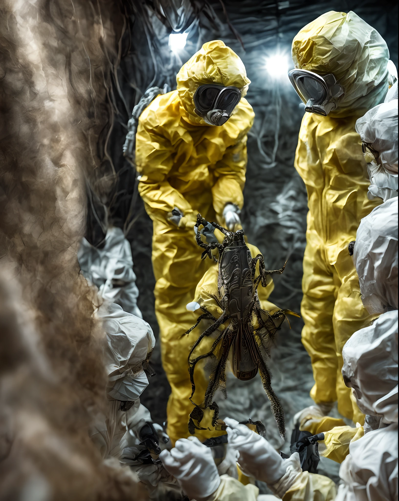 photographic shot of people in hazmat suits around a alien-like moth. creepy, unnerving, unsettling, terrifying, 80mm, horror lighting, dynamic action,