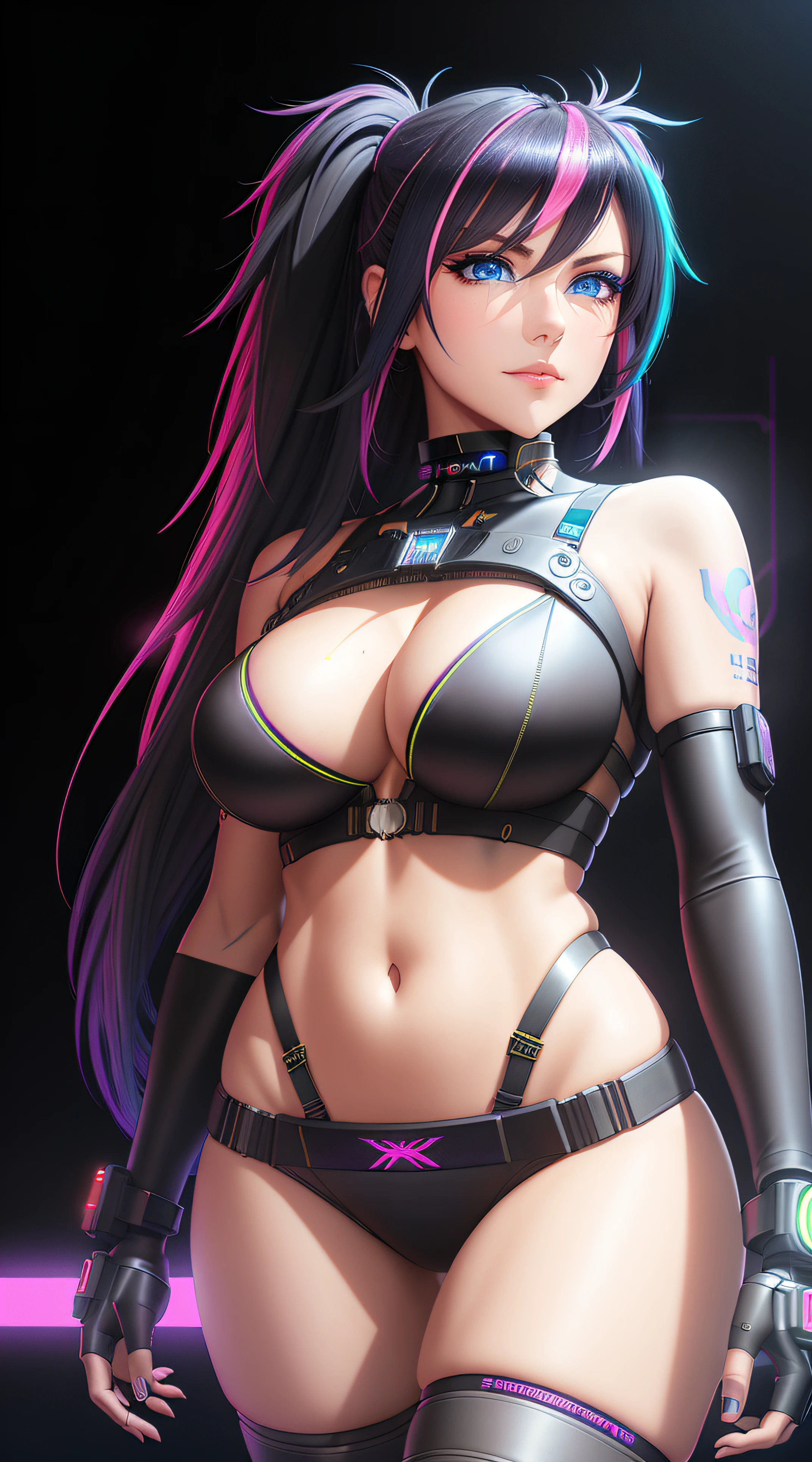 there is a woman standing, Neon streaked Hair, cyberpunk femme fatale, seductive cyberpunk dark fantasy, cyberpunk strip clubs, cyberpunk 20 y. o model girl, oppai cyberpunk, Serious Face, Realistic Face Resolution, Realistic, Object Resolution, (plain black background:1.4), deep cleavage, banner, high definition cgsociety, cgsociety masterpiece, trending on cgstation, kda