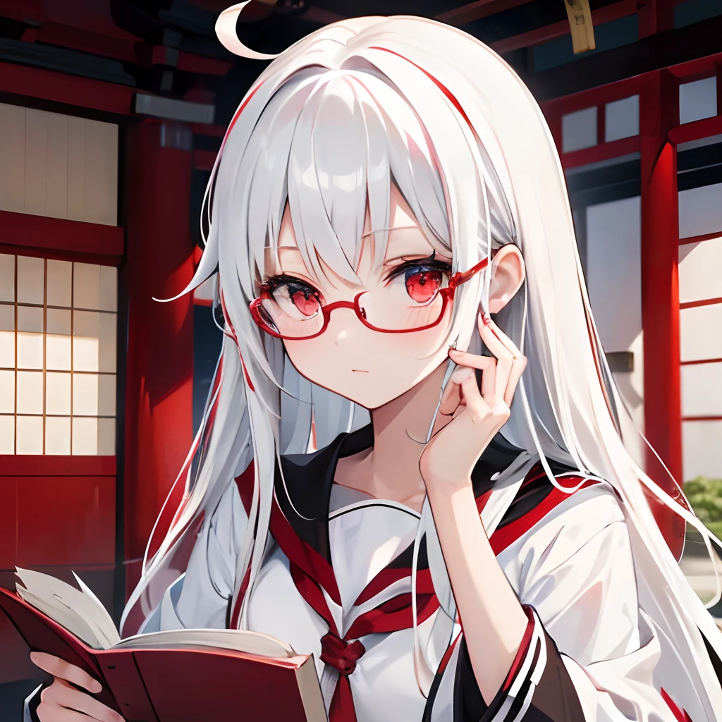 Red eyes, long hair, white hair, japanese student uniform, glasses, studying