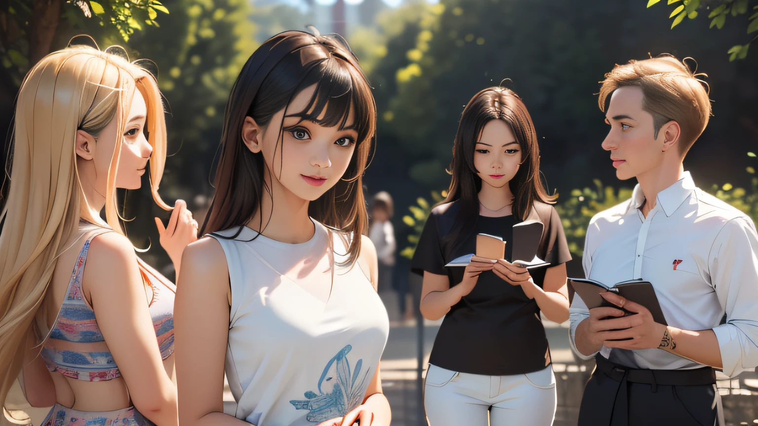 sfw, (Extremely detailed 8k wallpaper:2), (photo:2), (soigne Beautiful girl:2), (gives a lecture to friends:2), detailed (Face and eyes), (hyper realistic:1), (highly detailed:1), (epic realistic:1), rim light, (maximum details:1), cozy, (fullbody:1.3), (looking at viewer:2), (Woman's Attractive Qualities:2), (Attractive Woman:2), (Attractive:2), Smile, Intelligence, Empathy, Gracefulness, Sense of Style, Fitness, Grooming, Optimism, (Sensitivity:2), Sincerity, Romantic Gestures, Playfulness, Fashion Sense, (Sensuality:2), Charm, Modesty, Thoughtfulness, (Femininity:1), Flirtatiousness, Warmth, (Physical attractiveness:2), A beautiful smile, A love of life, strength and power, vulnerability, curiosity, wonder, love, (nature background:2), kawaii, waifu, Beautiful breasts, (attractive body:2), (Beautiful body:2), Beautiful pose, attractive pose, (Beautiful legs:1.0), (spread legs:1.0), (Beautiful clothes:1), (classic clothes:2), (elegant clothes:2), (European clothes:2), detailed clothes, (skirt:1), (blouse:1), (provocative pose)
