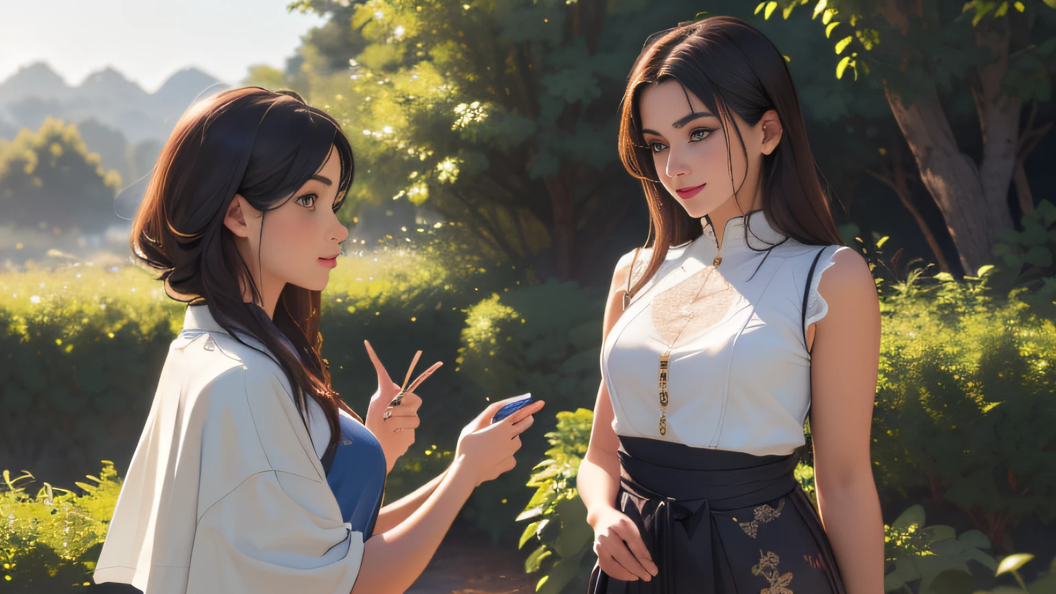 sfw, (Extremely detailed 8k wallpaper:2), (photo:2), (soigne Beautiful girl:2), (gives a lecture to friends:2), detailed (Face and eyes), (hyper realistic:1), (highly detailed:1), (epic realistic:1), rim light, (maximum details:1), cozy, (fullbody:1.3), (looking at viewer:2), (Woman's Attractive Qualities:2), (Attractive Woman:2), (Attractive:2), Smile, Intelligence, Empathy, Gracefulness, Sense of Style, Fitness, Grooming, Optimism, (Sensitivity:2), Sincerity, Romantic Gestures, Playfulness, Fashion Sense, (Sensuality:2), Charm, Modesty, Thoughtfulness, (Femininity:1), Flirtatiousness, Warmth, (Physical attractiveness:2), A beautiful smile, A love of life, strength and power, vulnerability, curiosity, wonder, love, (nature background:2), kawaii, waifu, Beautiful breasts, (attractive body:2), (Beautiful body:2), Beautiful pose, attractive pose, (Beautiful legs:1.0), (spread legs:1.0), (Beautiful clothes:1), (classic clothes:2), (elegant clothes:2), (European clothes:2), detailed clothes, (skirt:1), (blouse:1), (provocative pose)