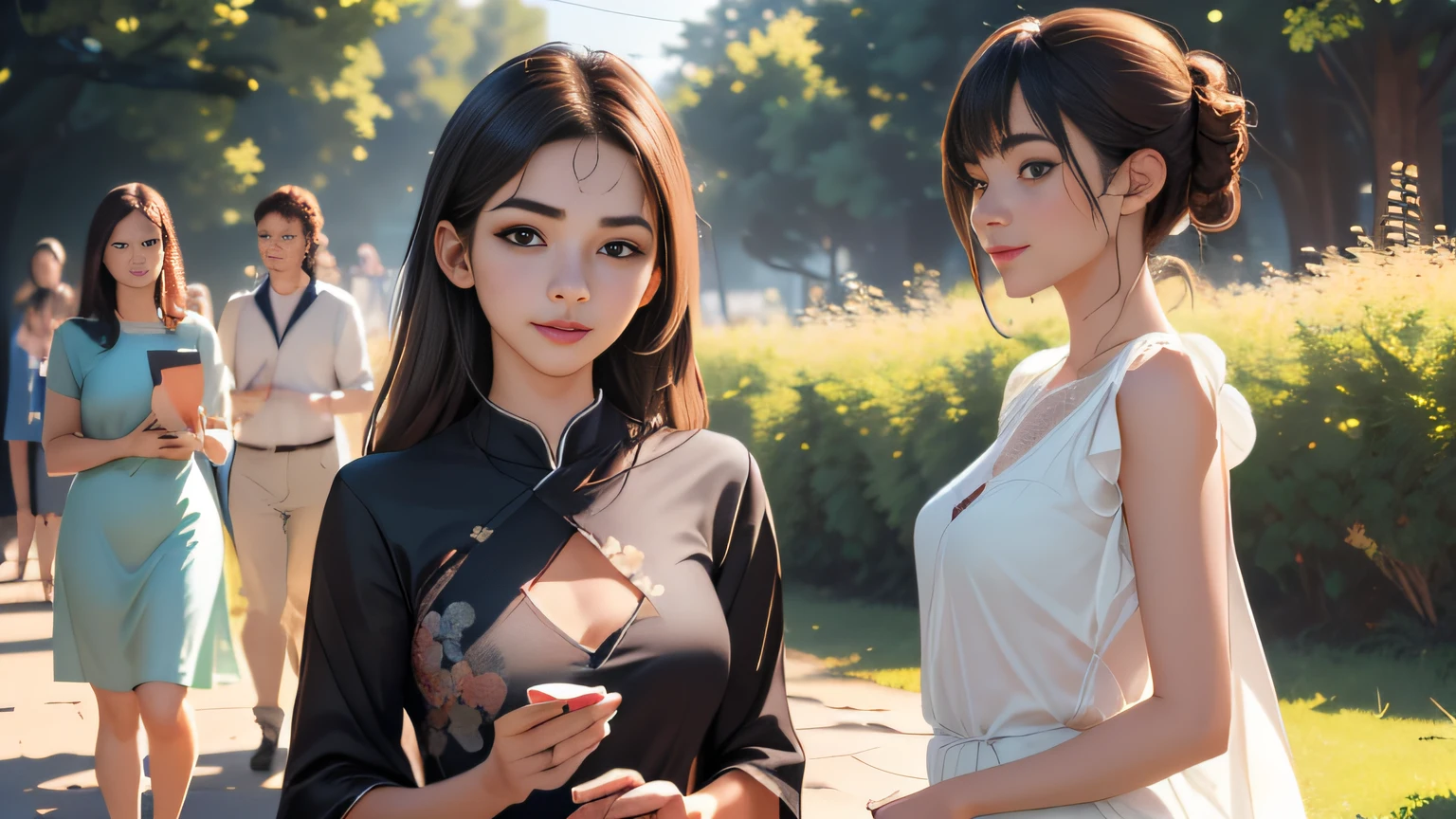 sfw, (Extremely detailed 8k wallpaper:2), (photo:2), (soigne Beautiful girl:2), (gives a lecture to friends:2), detailed (Face and eyes), (hyper realistic:1), (highly detailed:1), (epic realistic:1), rim light, (maximum details:1), cozy, (fullbody:1.3), (looking at viewer:2), (Woman's Attractive Qualities:2), (Attractive Woman:2), (Attractive:2), Smile, Intelligence, Empathy, Gracefulness, Sense of Style, Fitness, Grooming, Optimism, (Sensitivity:2), Sincerity, Romantic Gestures, Playfulness, Fashion Sense, (Sensuality:2), Charm, Modesty, Thoughtfulness, (Femininity:1), Flirtatiousness, Warmth, (Physical attractiveness:2), A beautiful smile, A love of life, strength and power, vulnerability, curiosity, wonder, love, (nature background:2), kawaii, waifu, Beautiful breasts, (attractive body:2), (Beautiful body:2), Beautiful pose, attractive pose, (Beautiful legs:1.0), (spread legs:1.0), (Beautiful clothes:1), (classic clothes:2), (elegant clothes:2), (European clothes:2), detailed clothes, (skirt:1), (blouse:1), (provocative pose)