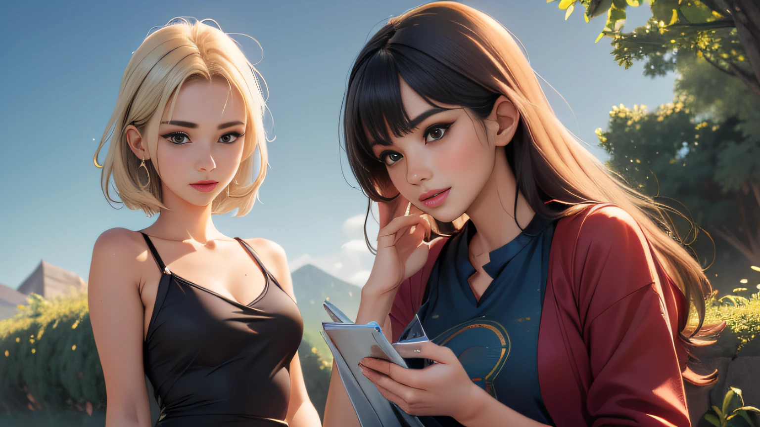sfw, (Extremely detailed 8k wallpaper:2), (photo:2), (soigne Beautiful girl:2), (gives a lecture to friends:2), detailed (Face and eyes), (hyper realistic:1), (highly detailed:1), (epic realistic:1), rim light, (maximum details:1), cozy, (fullbody:1.3), (looking at viewer:2), (Woman's Attractive Qualities:2), (Attractive Woman:2), (Attractive:2), Smile, Intelligence, Empathy, Gracefulness, Sense of Style, Fitness, Grooming, Optimism, (Sensitivity:2), Sincerity, Romantic Gestures, Playfulness, Fashion Sense, (Sensuality:2), Charm, Modesty, Thoughtfulness, (Femininity:1), Flirtatiousness, Warmth, (Physical attractiveness:2), A beautiful smile, A love of life, strength and power, vulnerability, curiosity, wonder, love, (nature background:2), kawaii, waifu, Beautiful breasts, (attractive body:2), (Beautiful body:2), Beautiful pose, attractive pose, (Beautiful legs:1.0), (spread legs:1.0), (Beautiful clothes:1), (classic clothes:2), (elegant clothes:2), (European clothes:2), detailed clothes, (skirt:1), (blouse:1), (provocative pose)