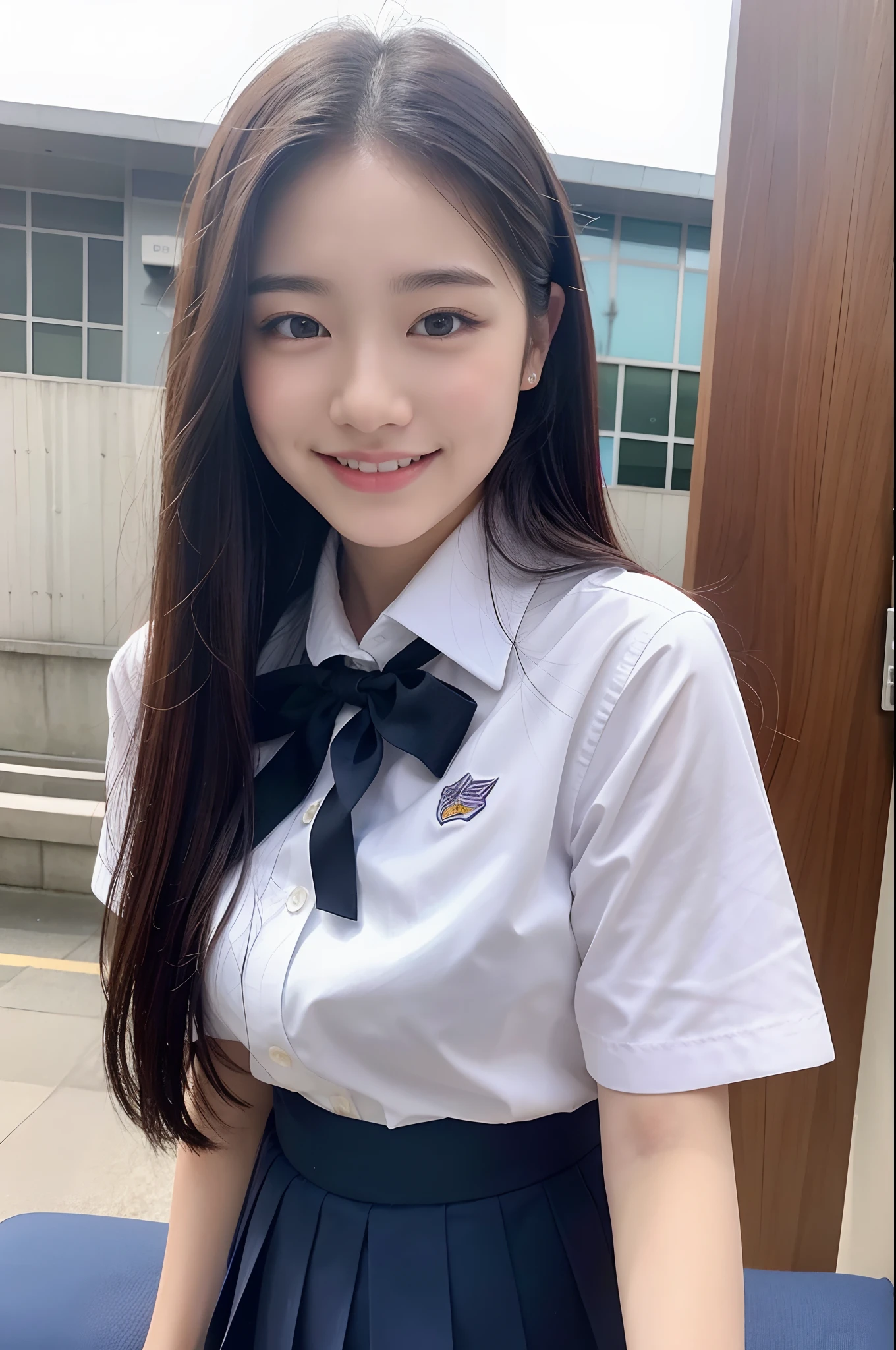 One girl, Long Hair, High resolution, smile, bangs, Black Hair, Big Breasts、Heavy breathing, Red face, uniform、blouse、Breast flash、classroom、high school girl