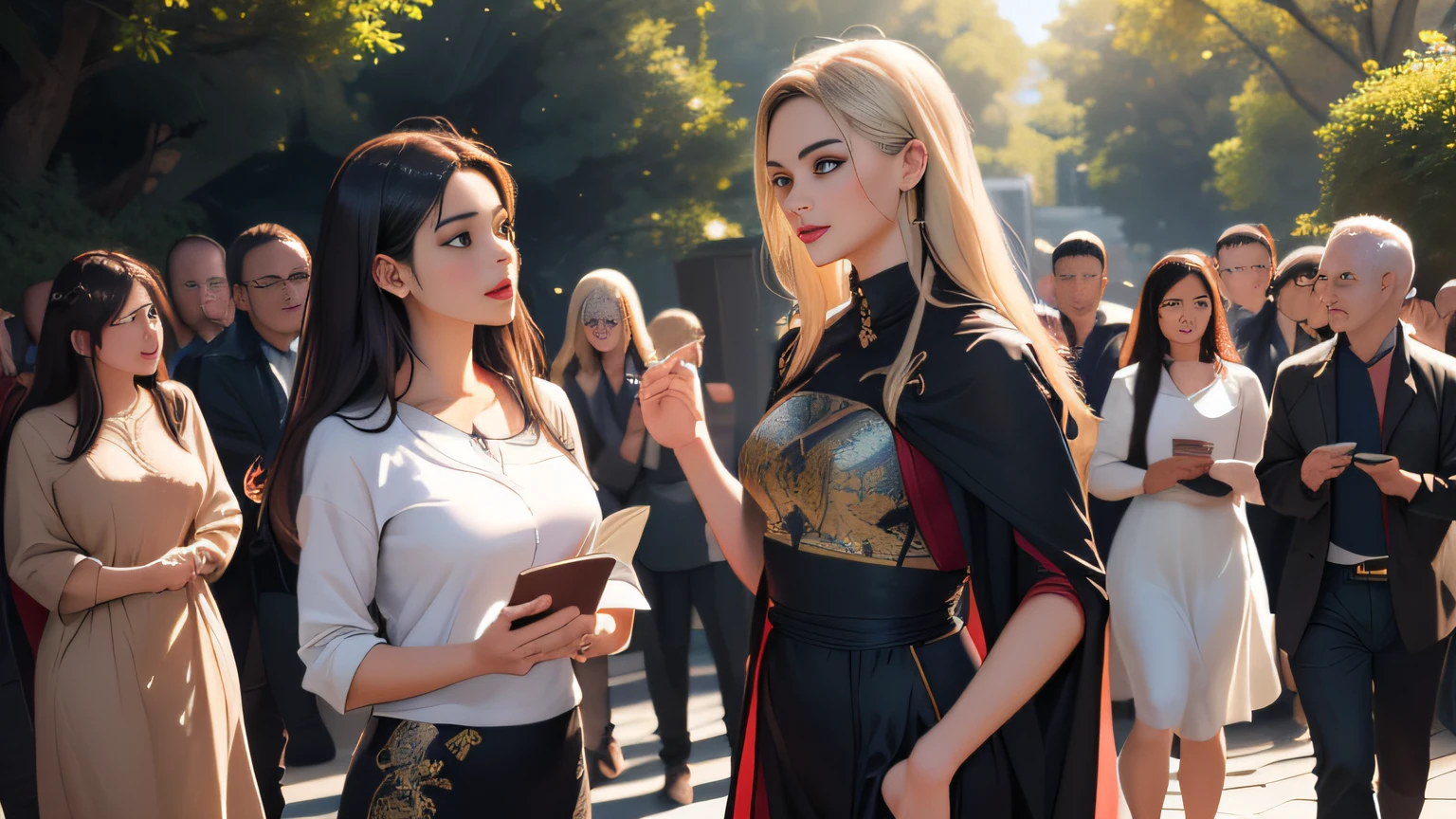 sfw, (Extremely detailed 8k wallpaper:2), (photo:2), (soigne Beautiful girl:2), (gives a lecture to friends:2), detailed (Face and eyes), (hyper realistic:1), (highly detailed:1), (epic realistic:1), rim light, (maximum details:1), cozy, (fullbody:1.3), (looking at viewer:2), (Woman's Attractive Qualities:2), (Attractive Woman:2), (Attractive:2), Smile, Intelligence, Empathy, Gracefulness, Sense of Style, Fitness, Grooming, Optimism, (Sensitivity:2), Sincerity, Romantic Gestures, Playfulness, Fashion Sense, (Sensuality:2), Charm, Modesty, Thoughtfulness, (Femininity:1), Flirtatiousness, Warmth, (Physical attractiveness:2), A beautiful smile, A love of life, strength and power, vulnerability, curiosity, wonder, love, (nature background:2), kawaii, waifu, Beautiful , (attractive body:2), (Beautiful body:2), Beautiful pose, attractive pose, (Beautiful legs:1.0), (:1.0), (Beautiful clothes:1), (classic clothes:2), (elegant clothes:2), (European clothes:2), detailed clothes, (skirt:1), (blouse:1), (provocative pose)