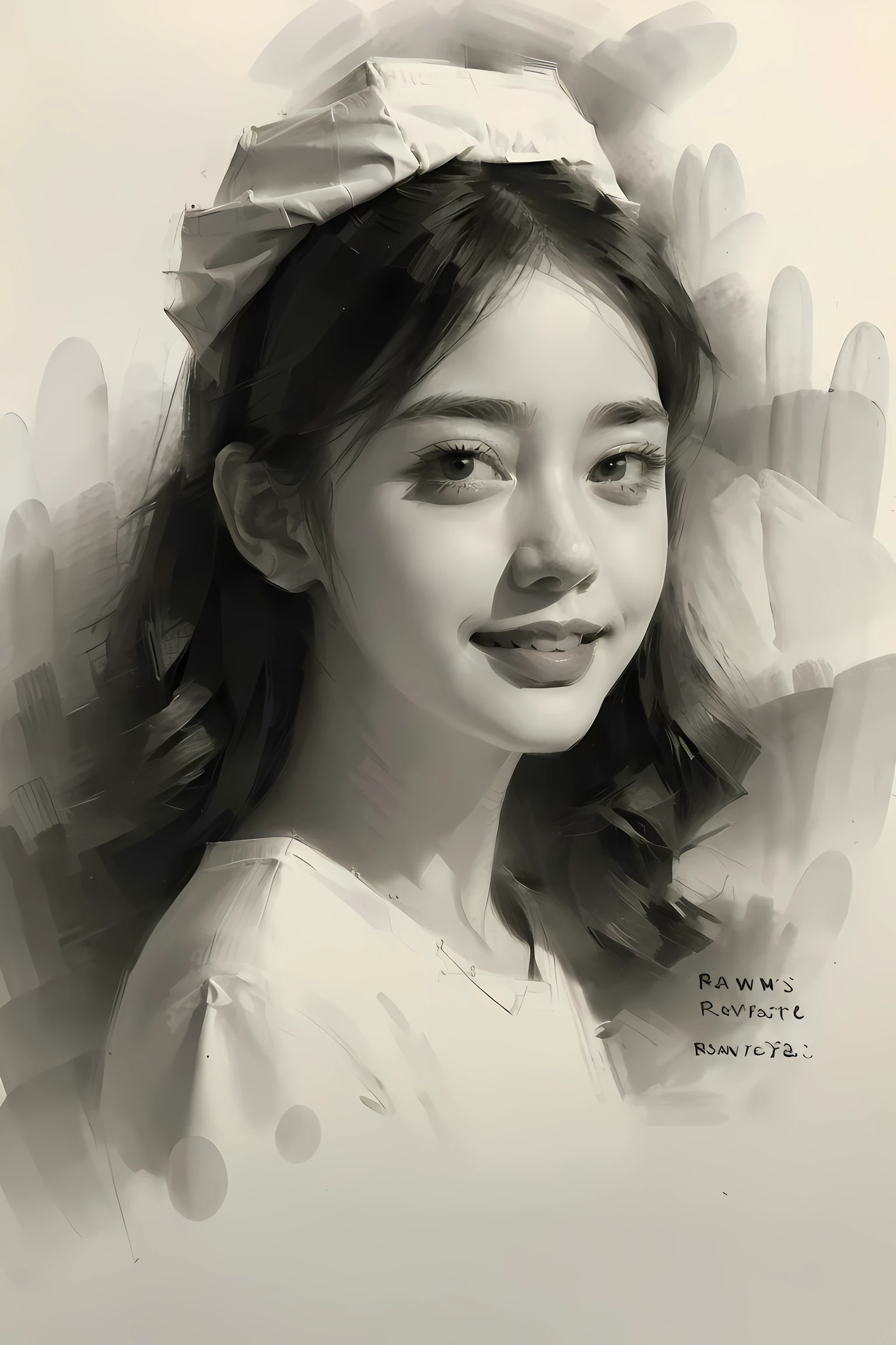 sketching，Portrait sketch，Realistic,nurses, (Best quality, Masterpiece, RAW photo,Ultra-detailed:1.2), ,1girll,Solo,view the viewer,Smile