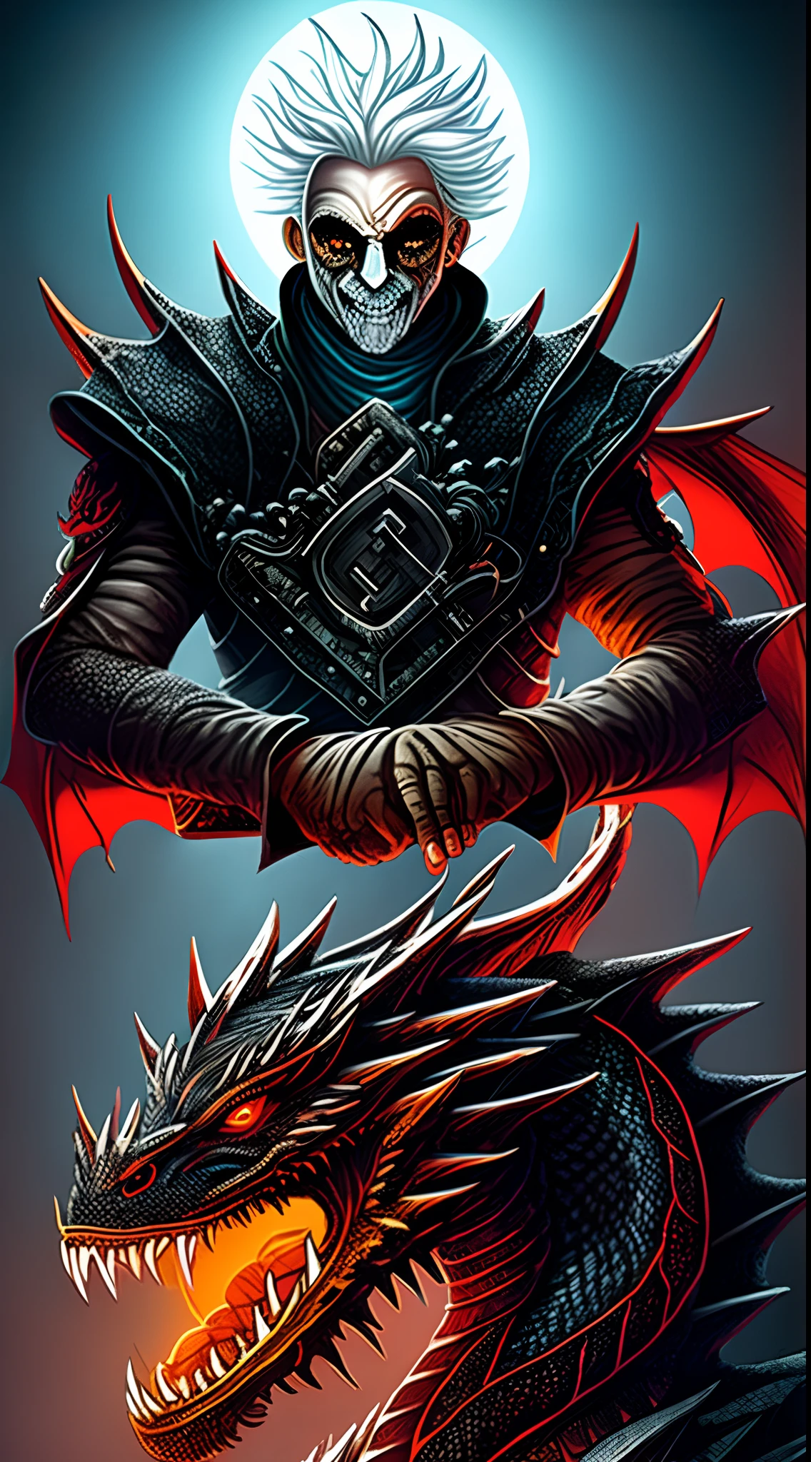 A man with white hair. He has dragon wings and horns that are black and dark red. He has a scar over his left eye. He is holding a scroll in his hand. His right eye glows black. Behind him is a giant black dragon who has glowing black eyes.
