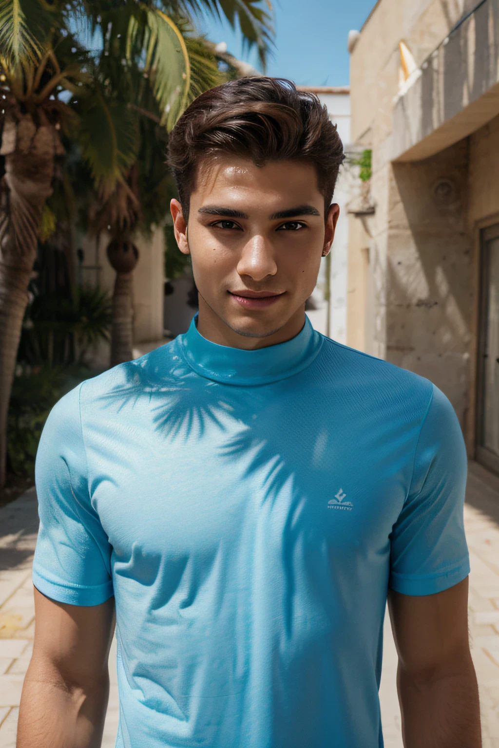 realistic,good-looking,20-year-old middle eastern boy,clear blue eyes,detailed facial features,strong jawline,well-groomed hair,confident smile,bright complexion,lean physique,fashionable attire,youthful energy,vibrant personality,natural sunlight,studio lighting,life-like rendering,high-resolution,detailed textures,fine brushstrokes,professional portrait,realistic skin tones,subtle shadows,striking highlights,expressive eyes, facial hair