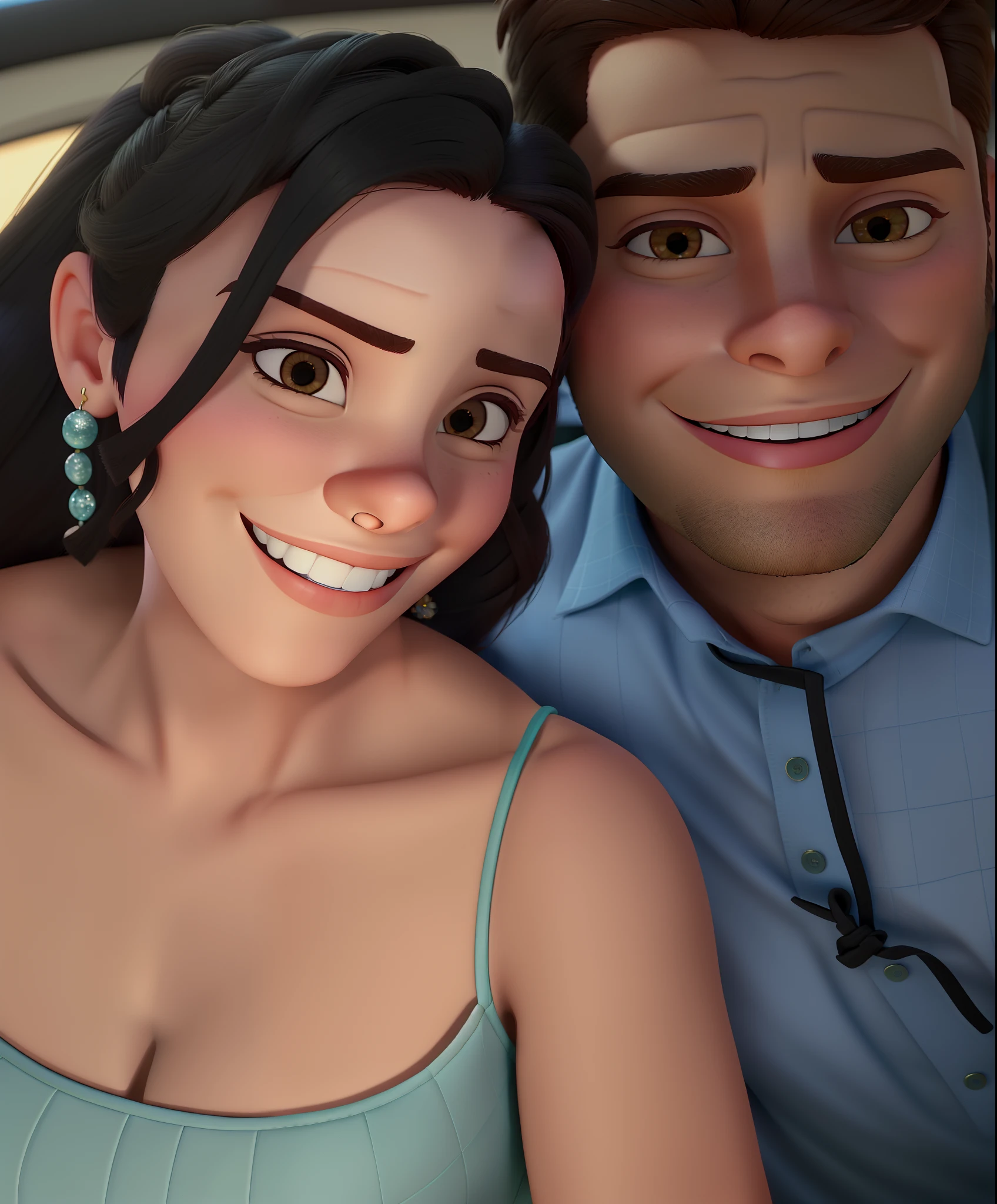 Casal (homem moreno e mulher branca sorridente) no estilo Disney Pixar, alta qualidade, melhor qualidade.