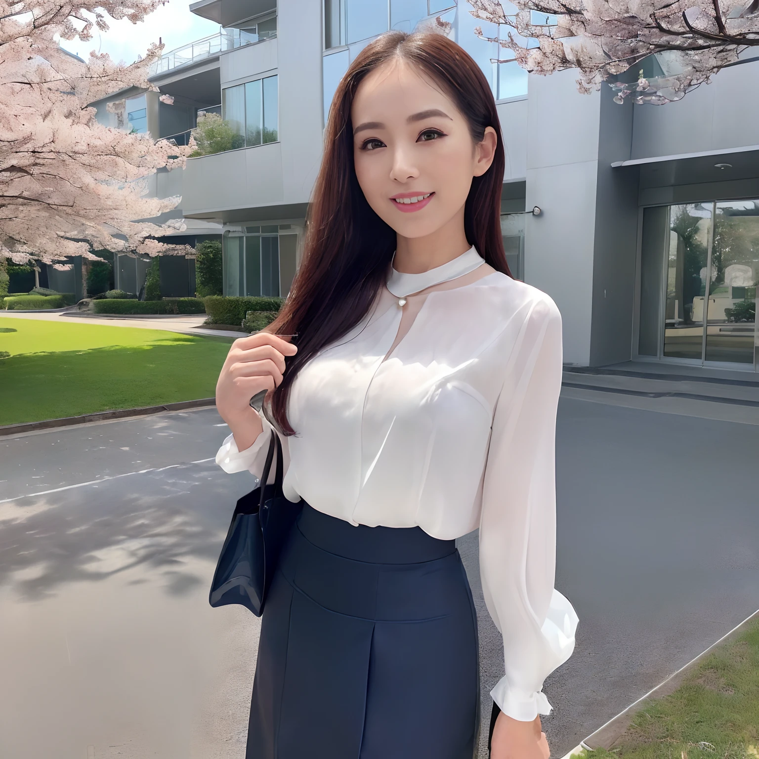 (((masutepiece、top-quality、Top image quality、in 8K、Award-Winning Works、Bright and saturated、a high chroma、Vivid)))、(1人の女性,japanese beautiful woman,40 years、1 female、Old face、A MILF、Wrinkles on the face、Wrinkles at the corners of the eyes、nasolabial folds)、(((Navy Suit Jacket、Formal blouse、tight skirts、Navy jacket and tight skirt、Midi length skirt、Skirt without folds、Ceremony Suit、High-quality tote bag1I have one、Wearing a pearl necklace、She wears a large corsage on her chest、Luxurious corsage on the chest、Walking outside the school、Walking)))、((((The background is a large school in Japan、Reinforced concrete rectangular school building、Modern school、The school looks like a reinforced concrete building、Square Buildings、Modern School、Angular school building、Square roof、Rectangular and reinforced concrete school、Square glazing、Lots of square panes、Clean square window glass、New School、Beautiful School、Realistic school building made of reinforced concrete、Reinforced concrete schools in Japan、Perfect reproduction of a reinforced concrete school building、Exterior of the school building、Square box-shaped school building、Four-story school building、Lots of square windows))))、((cherry blossom in full bloom、Sheer sunlight、Cherry trees in full bloom、Cherry blossom petals flutter、A large number of cherry trees、Lots of cherry trees、Perfect makeup, Looking at the camera,The most beautiful faces in Japan、Big smile、The happiest smile、Big smile、Biggest smile、A detailed face、Staring at this、Take a photo above from your lap、Elegant Hair、Slimed、large full breasts、Emphasize the bulge of the chest、super-fine、Classy hairstyle、Formal hairstyle、Abundant hairline hair、perfect glossy skin、Perfect shiny hair、Detailed and complex background、Perfect Anatomy))