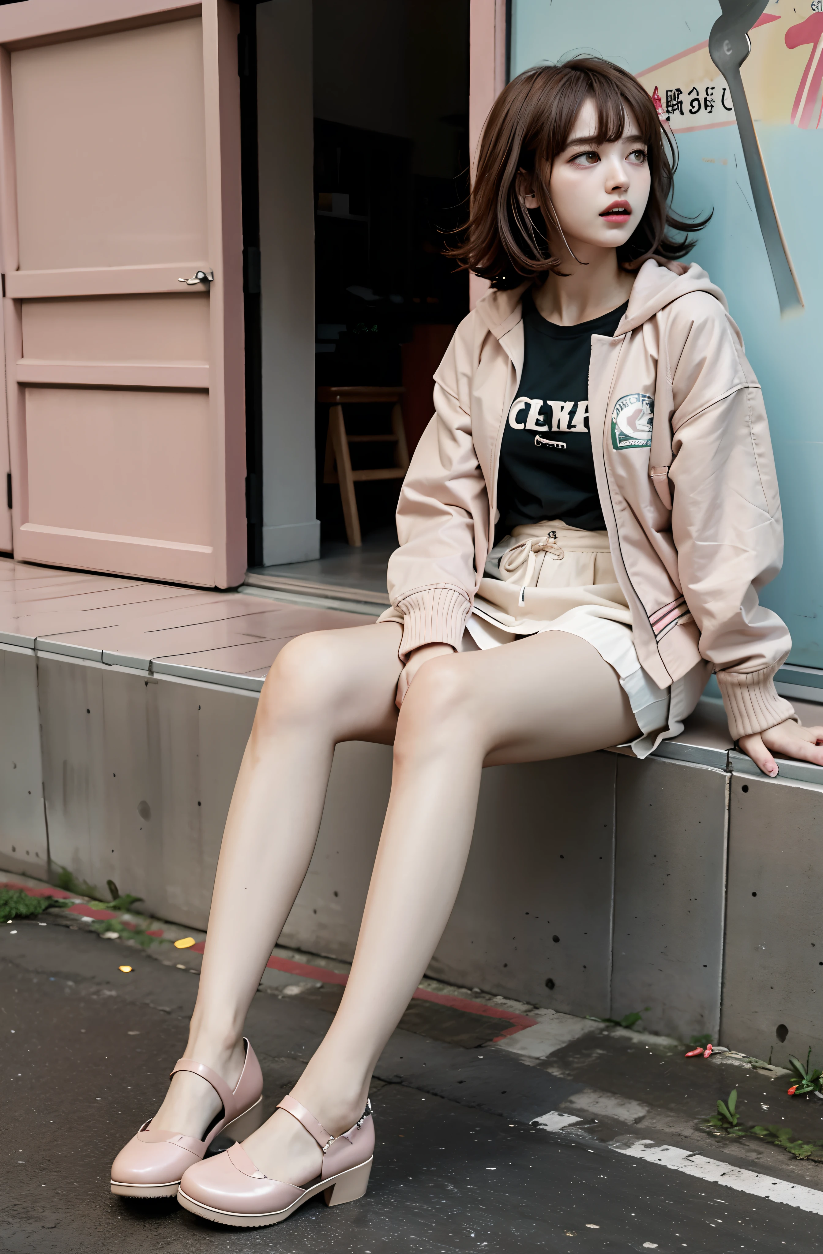 Chiaki nanami en un centro comercial con ropa informal, Pelo corto rosa, ojos rosados, flequillo, Chaqueta con capucha verde azulado, Falda beige, Horquilla, air particles, 20 yrs old girl, , Blusa verde oliva, vaqueros, high-heeled shoes, bolso de mano rosa, senos medianos, Abrigo beige,Chiaki Nanami, Nanami Chiaki
