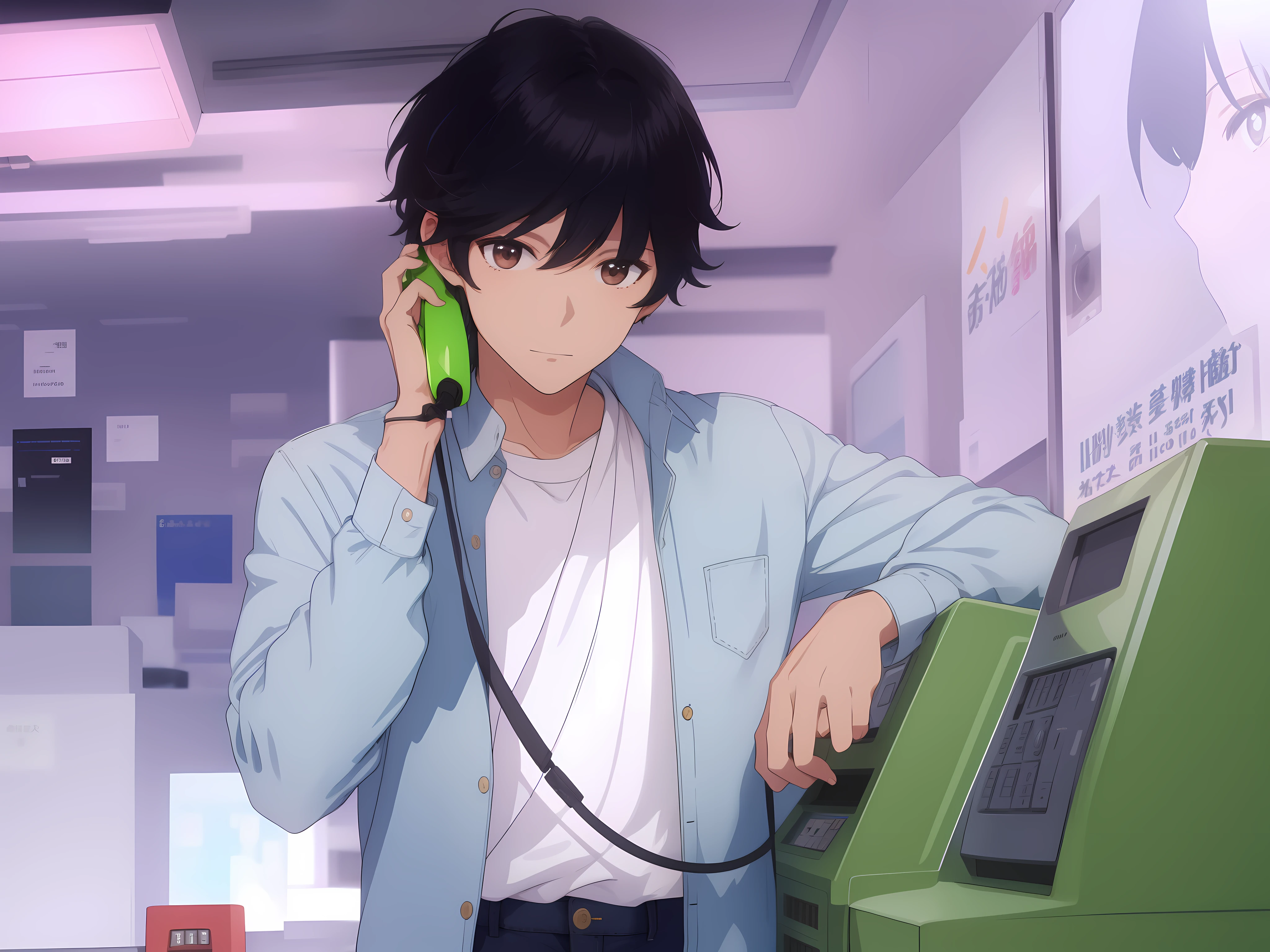 a boy full body, black hair, wearing a white badlon, light blue shirt, jeans, phoning green payphone, high res, ultrasharp, 8K, masterpiece