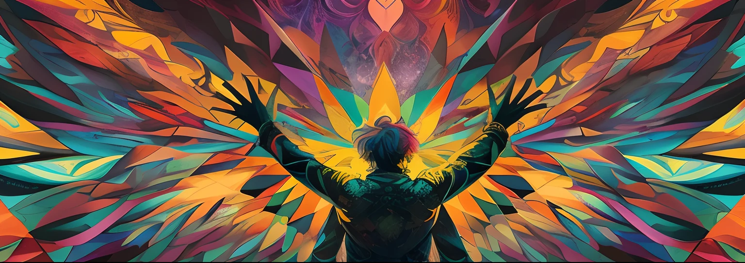 peinture aux couleurs vives d’un homme avec ses mains en l’air, Style d’art psychédélique, Illustration numérique rayonnant, Art conceptuel coloré, Illustration psychédélique, Jen Bartel, Illustration colorée, Art vectoriel multicolore, Art numérique psychédélique, Conjuration d’arrière-plan psychédélique, Art fantastique numérique coloré, Design psychédélique surréaliste, Peinture numérique colorée, Expérience extrêmement psychédélique