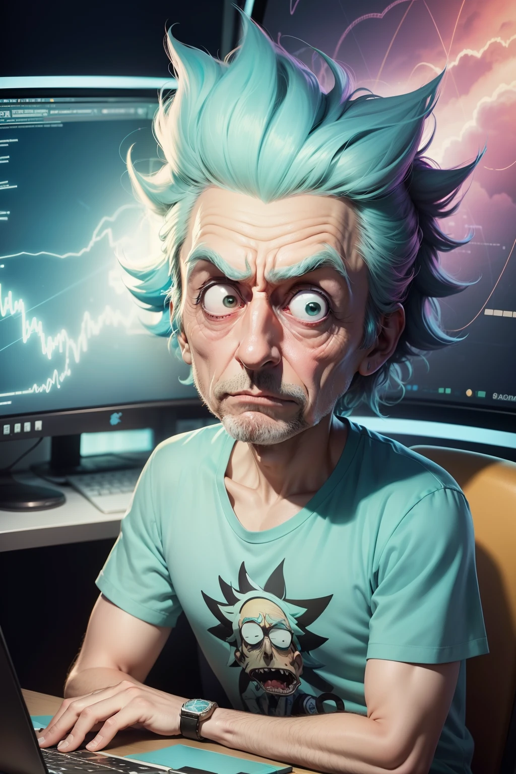 Eu gostaria de um desenho 2D estilo rick sanchez, do desenho rick and morty, with a very colorful and science fiction background, a trabalhar num computador muito focado.