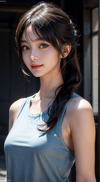 ((highest quality, 8K, masterpiece :1.3)), 1 girl, A cute woman who emphasizes her slender abdominal muscles :1.3, (random hairstyle :1.2), oversized tank top :1.2, super detailed face, fine eyes, double eyelid, armpit