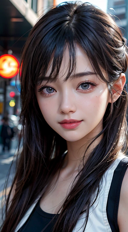 Masterpiece, 1 Beautiful Girl, Detailed, Swollen Eyes, Top Quality, Ultra High Resolution, (Reality: 1.4), Original Photo, 1Girl, Cinematic Lighting, Smiling, Japanese, Asian Beauty, Korean, Clean, Super Beautiful, Young Face, Beautiful Skin, Slender, Cyberpunk Background, (ultra realistic), (high resolution), (8K), (very detailed), (best illustration), (beautifully detailed eyes), (super detailed), (wallpaper), (detailed face), viewer looking, fine detail, detailed face, pureerosfaceace_v1, smiling, 46 point slanted bangs, looking straight ahead, neat clothes, dark colored eyes, clothes sleeveless, body facing front,