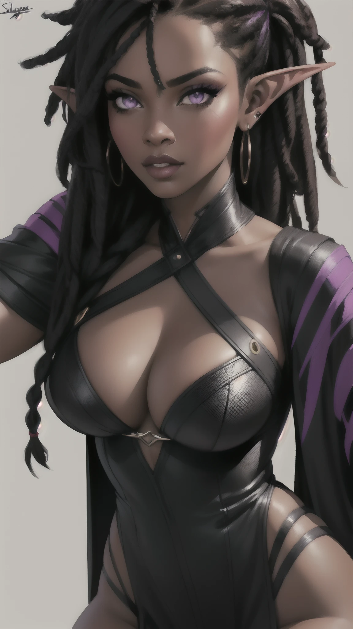 (Concept Art) of an (African-American) female, with dark (black dreadlocks), purple eyes, brown (dark skin), (pointed ears), (slutty assassin), sexy sith robes, (lust) demon, close-up shot, perfect composition, hyper-detailed, 8K, high quality, (perfect eyes), trending art, sharp focus, studio photo, intricate details, (Pin-up) pose