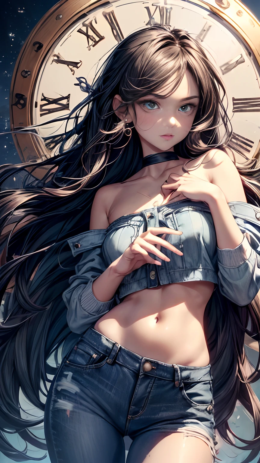 tmasterpiece,the detail,sketching,1girll,(Picture-perfect face:1.1),(Exquisite facial features:1.3),sliver long hair,(Bandeau:1.5),jaket,denim pant,Handsome expression,Unreal background,Clock background,Ethereal clock,(Only the time scale and the hands:1.3),(Luminescent hour markers and hands:1.3),anatomy correct,perfect hand,4K