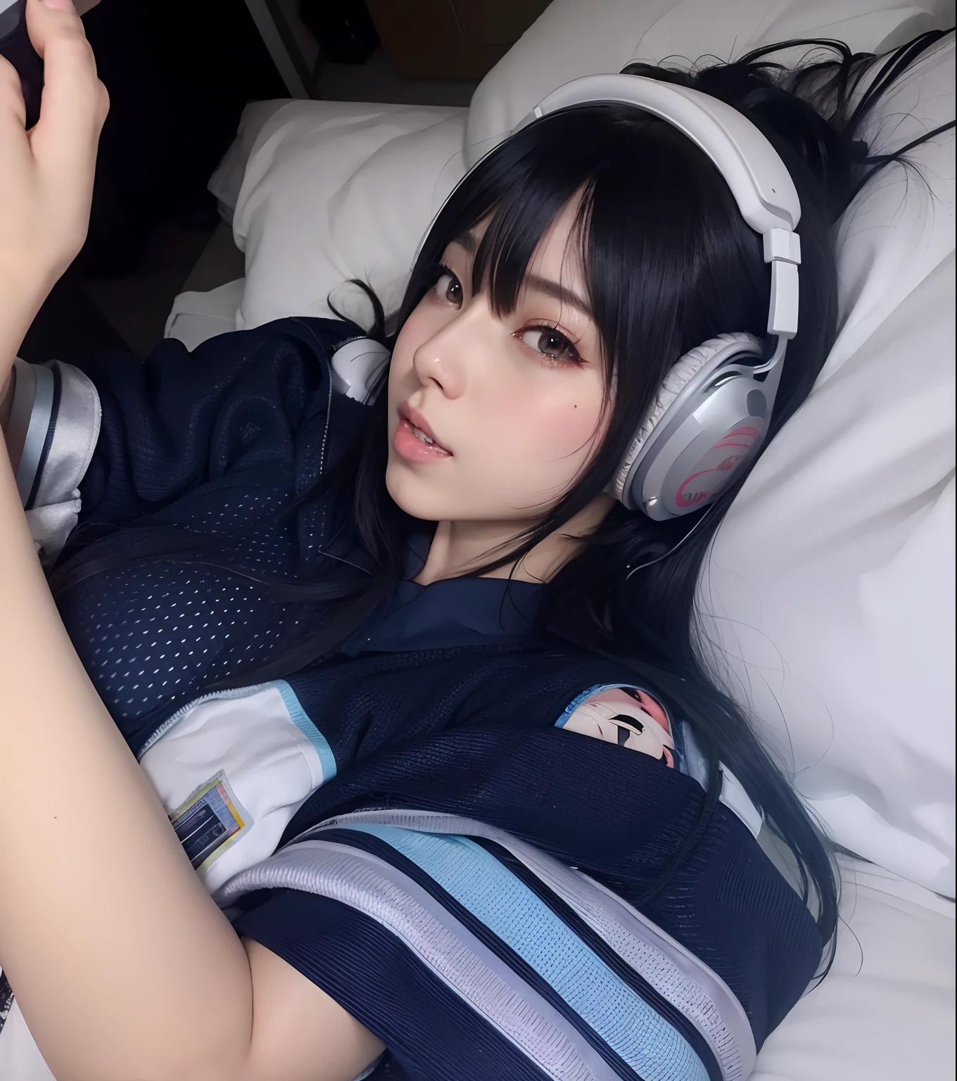 Woman lying on a bed with headphones and a mobile phone in her hand, anime vibes, Irelia, linda Delphine, e-, E - Meninafones de ouvido, Anime Garota Cosplay, Irelia de League of Legends, Waifu, com fones de ouvido, Shikami, Inspirado em anime, trending at cgstation, Chiho