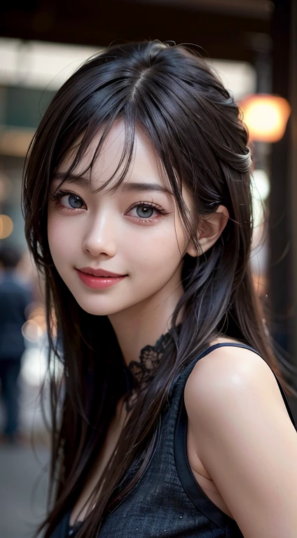 Masterpiece, 1 Beautiful Girl, Detailed, Swollen Eyes, Top Quality, Ultra High Resolution, (Reality: 1.4), Original Photo, 1Girl, Cinematic Lighting, Smiling, Japanese, Asian Beauty, Korean, Clean, Super Beautiful,  Young Face, Beautiful Skin, Slender, Cyberpunk Background, (ultra realistic), (high resolution), (8K), (very detailed), (best illustration), (beautifully detailed eyes), (super detailed), (wallpaper), (detailed face), viewer looking, fine detail, detailed face, pureerosfaceace_v1, smiling, 46 point slanted bangs, looking straight ahead, neat clothes, dark colored eyes, clothes sleeveless, body facing front,