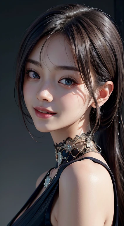 Masterpiece, 1 Beautiful Girl, Detailed, Swollen Eyes, Top Quality, Ultra High Resolution, (Reality: 1.4), Original Photo, 1Girl, Cinematic Lighting, Smiling, Japanese, Asian Beauty, Korean, Clean, Super Beautiful, Little Young Face, Beautiful Skin, Slender, Cyberpunk Background, (ultra realistic), (high resolution), (8K), (very detailed), (best illustration), (beautifully detailed eyes), (super detailed), (wallpaper), (detailed face), viewer looking, fine detail, detailed face, pureerosfaceace_v1, smiling, 46 point slanted bangs, looking straight ahead, neat clothes, dark colored eyes, clothes sleeveless, body facing front,