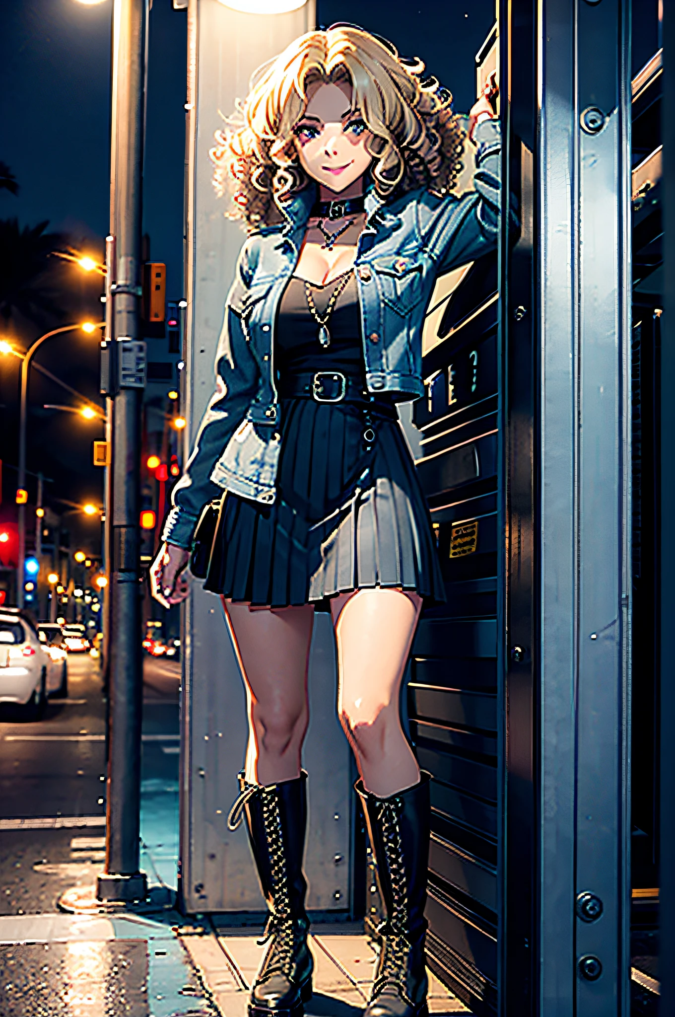 Strong latina woman, curly hair, dyed hair with icy blonde tips, defined, smile, black pleated dress, combat boots, denim jacket, latina, grey eyes, near a bus stop, at night in Panama City