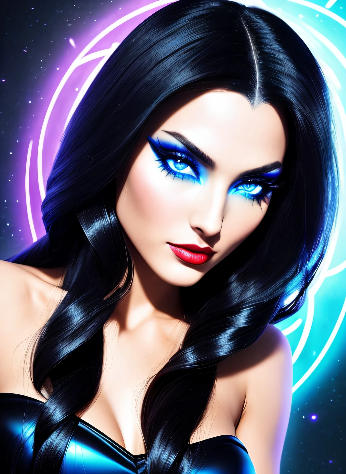 Powerful super villainess posing for an extreme close up, enchantress in silky black dress (bare shoulders), long flowing black hair, wanting a kiss, facing viewer, looking at viewer, highly detailed face, perfect hands, dark fantasy, loves being evil, mesmerizing blue eyes, real, symmetrical, high detail, best quality, astral body, chaos atmosphere, 1female, bioluminescent magic elements, clothes, 8k magic
