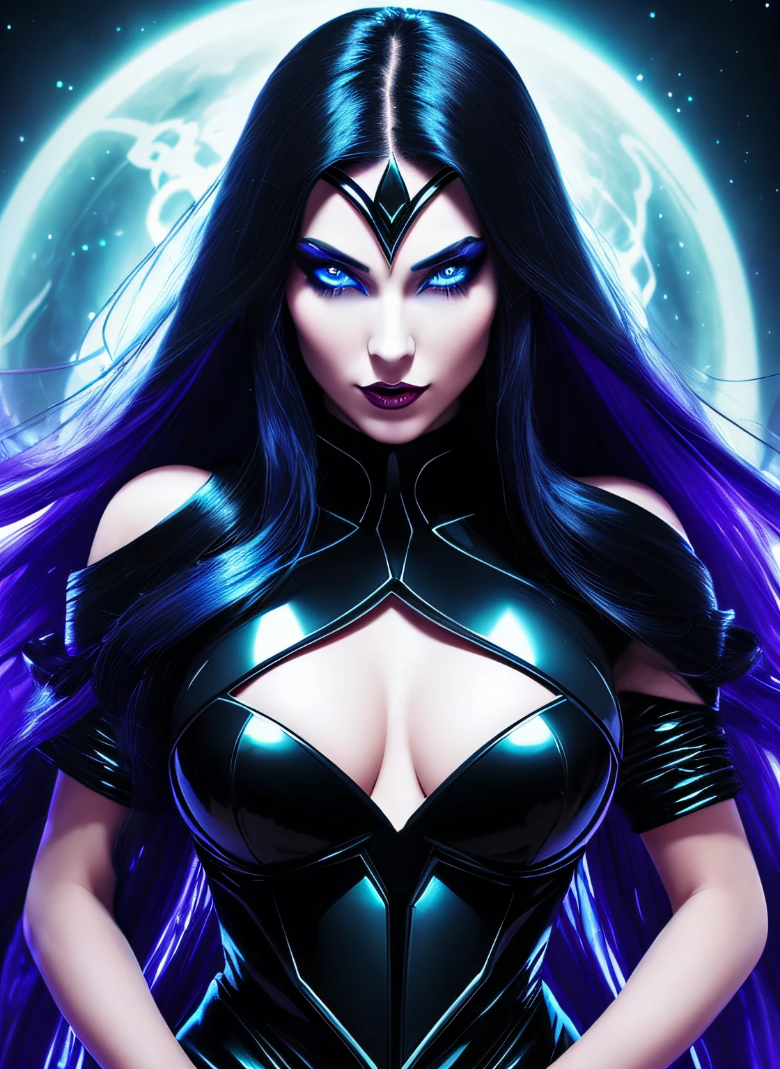 Powerful super villainess posing for an extreme close up, enchantress in silky black dress (bare shoulders), long flowing black hair, wanting a kiss, facing viewer, looking at viewer, highly detailed face, perfect hands, dark fantasy, loves being evil, mesmerizing blue eyes, real, symmetrical, high detail, best quality, astral body, chaos atmosphere, 1female, bioluminescent magic elements, clothes, 8k magic