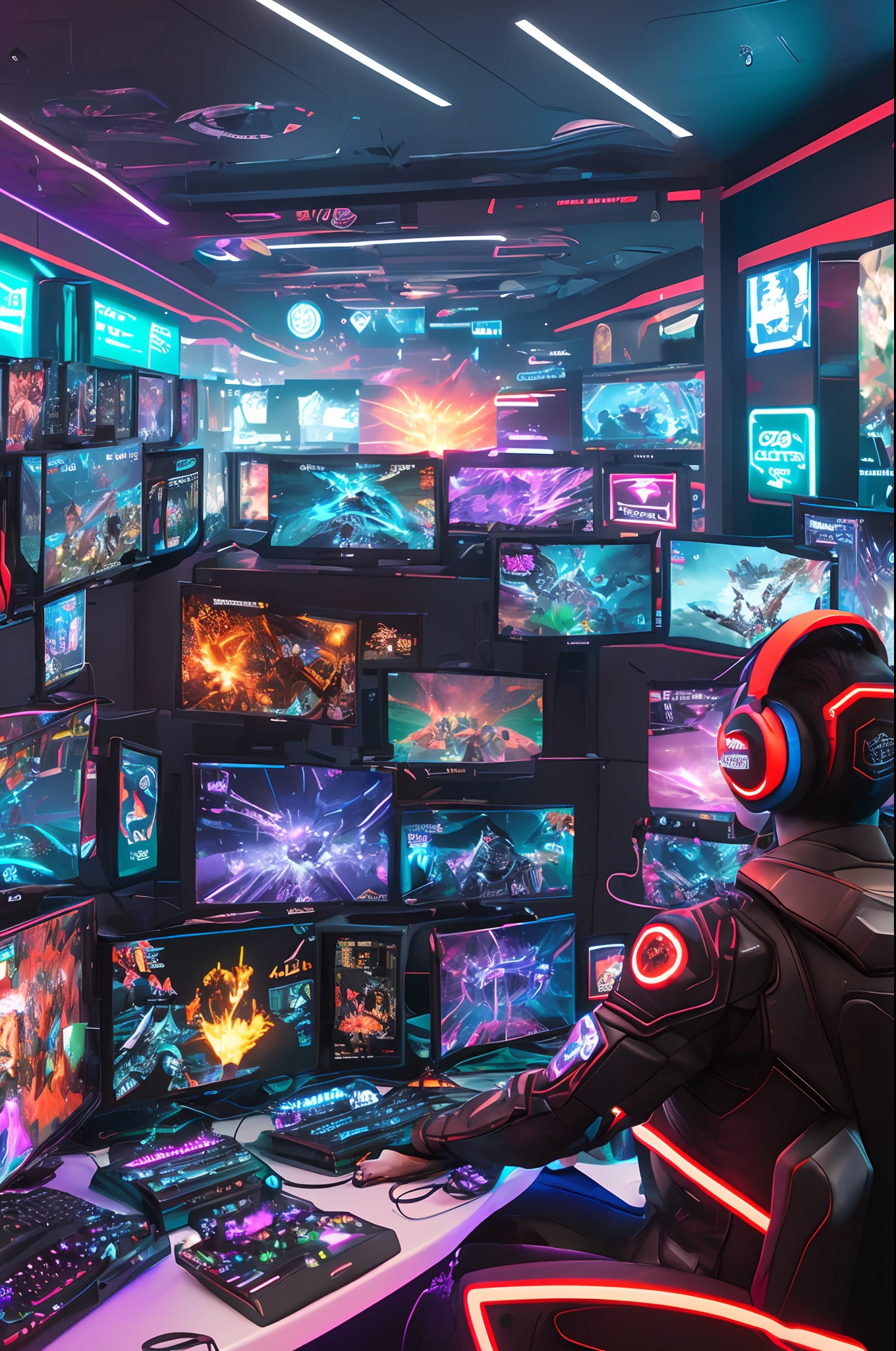 Create a captivating image depicting a futuristic gaming scene for your AI photo generating program. The composition centers on two dedicated gamers, their silhouettes illuminated against a dark, starry sky. The phrase "Late Night Vision" should seamlessly integrate into the image, perhaps as neon text on a virtual gaming backdrop, casting a radiant glow.

In this envisioned scene, advanced technology intertwines with the night sky, symbolizing the convergence of gaming and streaming in the digital age. A sprawling, metropolis-like cityscape serves as the backdrop, featuring towering skyscrapers adorned with holographic advertisements of popular games and streaming platforms. The night sky above is filled with constellations that form controller shapes, linking the real world to the digital realm.

Our gamers, donned in sleek, futuristic attire, are seated in ergonomic gaming chairs, immersed in high-tech consoles. A holographic interface envelops them, displaying intricate gameplay controls and real-time viewer counts. Their faces are lit by the soft glow of their screens, with expressions of determination and excitement.

To emphasize the online streaming aspect, incorporate virtual spectators cheering and interacting within the holographic environment. Chat bubbles and emojis should dance around the gamers, creating a dynamic and engaging atmosphere.

The futuristic aesthetic extends to their equipment, with illuminated keyboards, translucent headsets, and responsive haptic feedback devices. Futuristic skysports cars zip through the city streets below, giving the sense of speed and progress.

Overall, this image encapsulates the essence of late-night gaming in the digital age, where gamers and their audience coexist in a thrilling, neon-lit virtual world, blurring the line between reality and the boundless possibilities of the gaming universe.