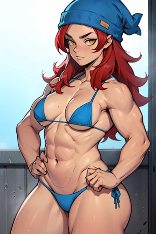 1 woman, muscular, beanie, small blue bikini, big breasts, red hair, yellow eyes,