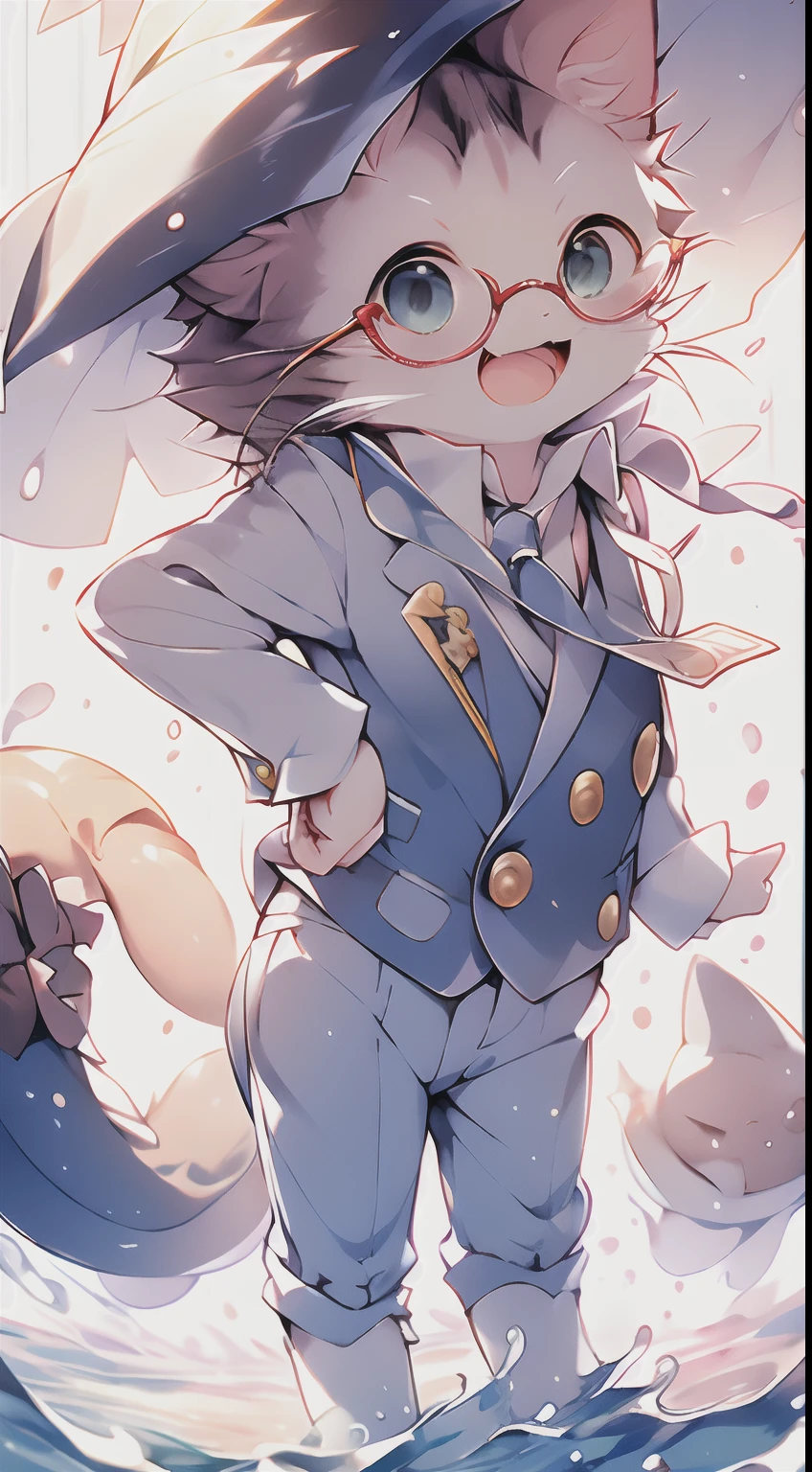 No man, Anime cat, :3, wearing cute (octopus hat), (Animal), view the viewer, Open mouth, with a pure white background, Smile, stylish navy blue suit,clean white shirt,crisp suit collar,banker pose,confident posture, fine pocket square,buttoned suit jacket,navy blue tie, waring circle glasses,glasses reflection,modern background,professional lighting,pleasant atmosphere